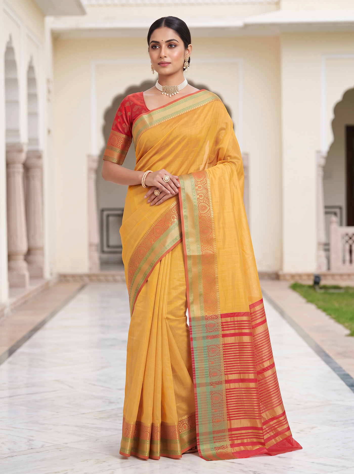 Mustard Yellow Mul Chanderi Saree with Red Border & Blouse - view 4