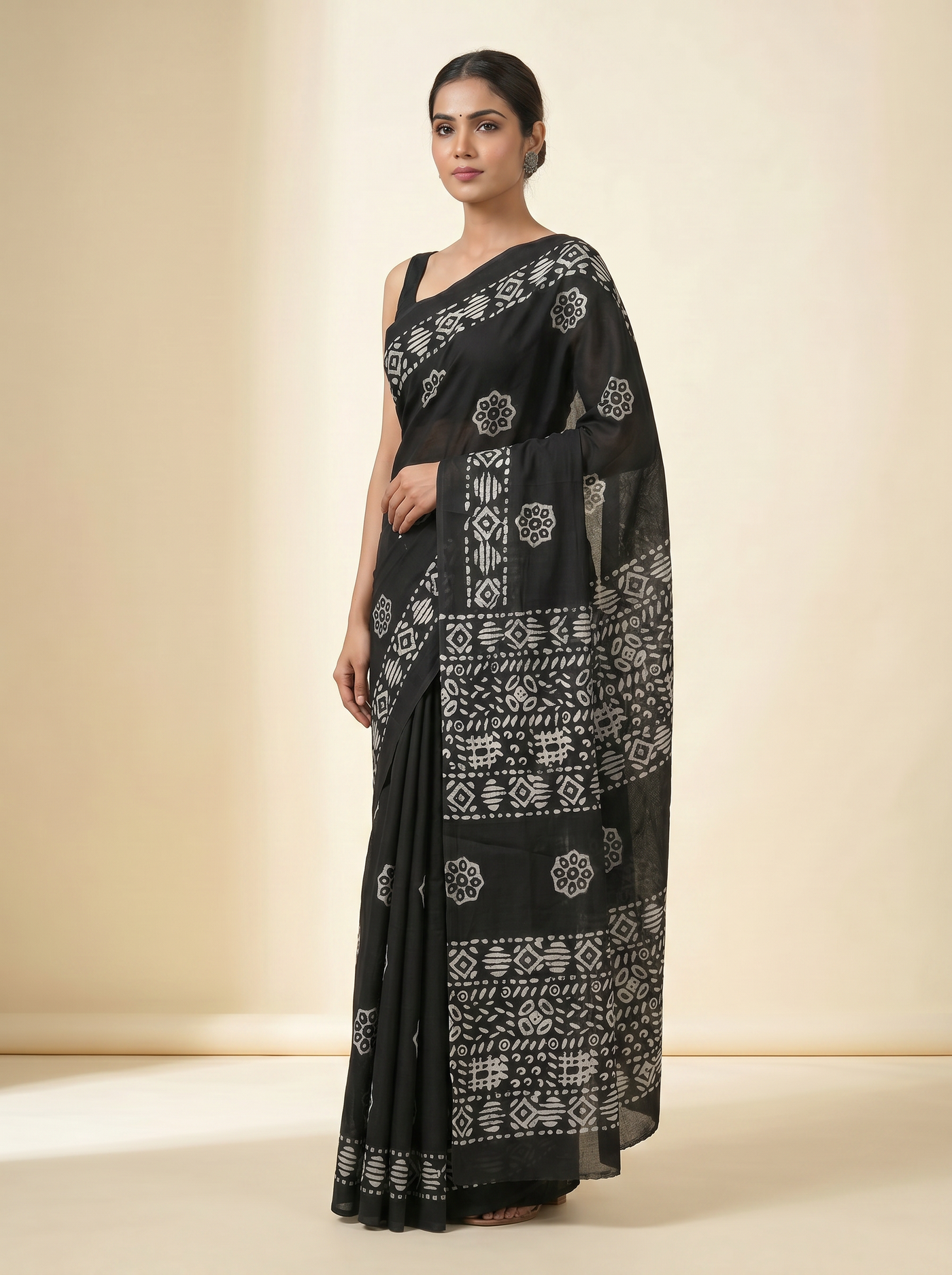 Pure Mulmul Cotton Saree | Charcoal Grey + Black + Grey Handblock Print | Summer & Office Wear | With Blouse | Design 2 image 2