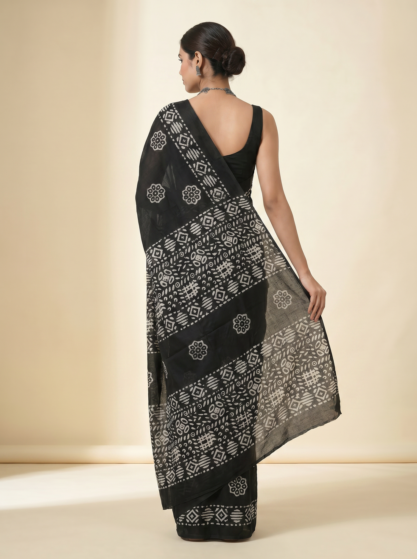 Pure Mulmul Cotton Saree | Charcoal Grey + Black + Grey Handblock Print | Summer & Office Wear | With Blouse | Design 2 image 3