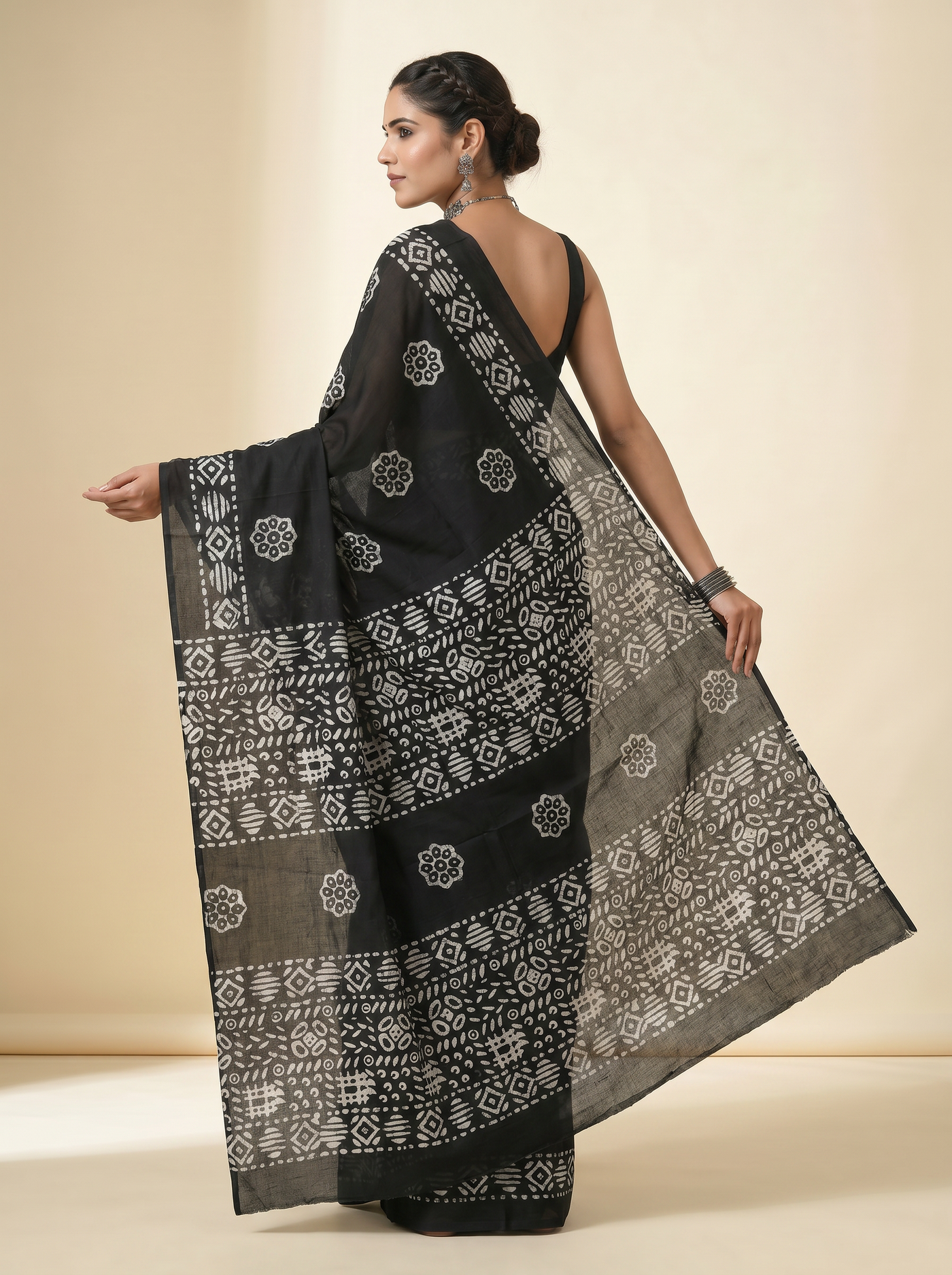 Pure Mulmul Cotton Saree | Charcoal Grey + Black + Grey Handblock Print | Summer & Office Wear | With Blouse | Design 2 image 4