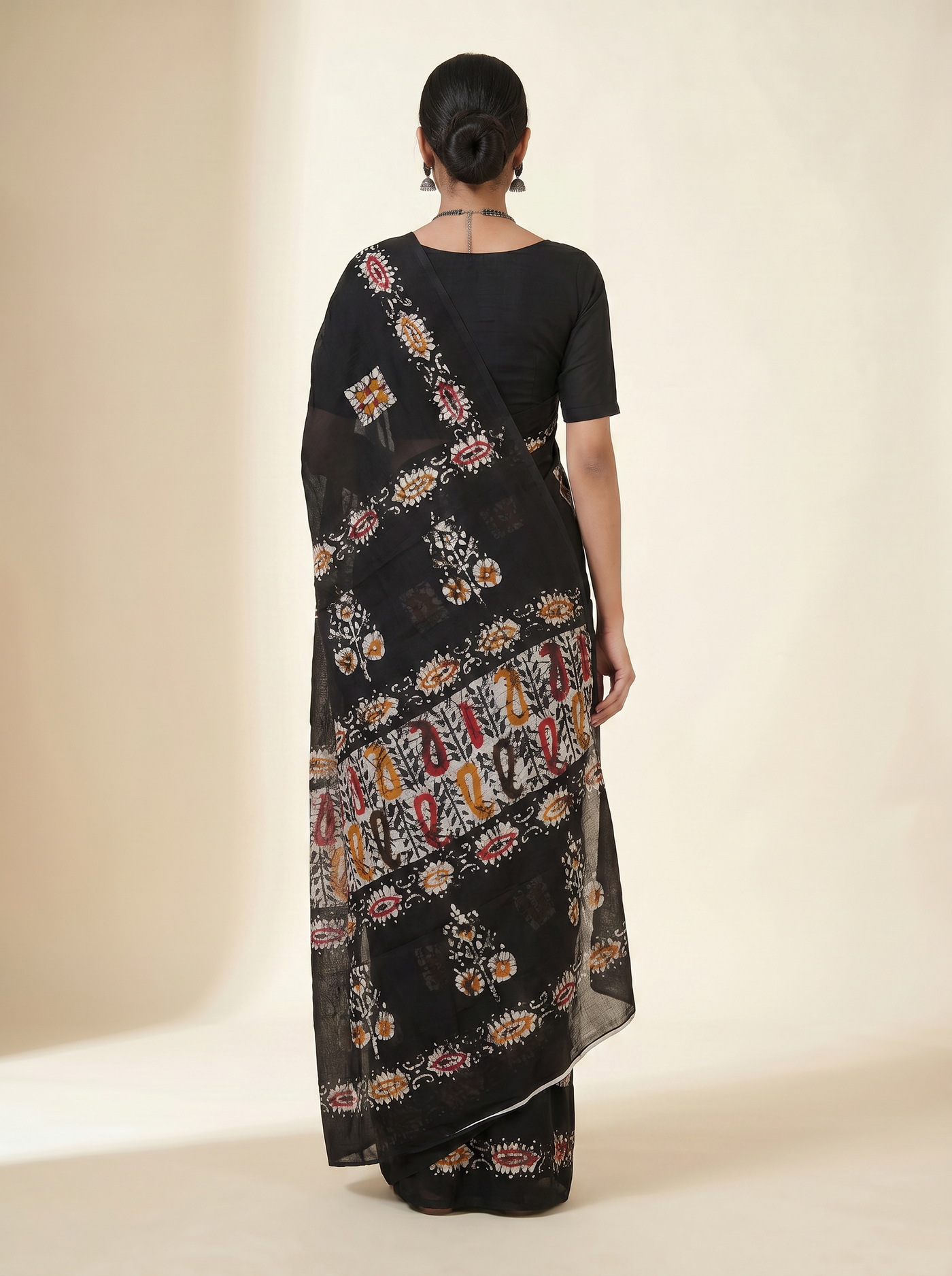 Pure Mulmul Cotton Saree | Charcoal Grey + Black + Grey Handblock Print | Summer & Office Wear | With Blouse | Design 3 image 3