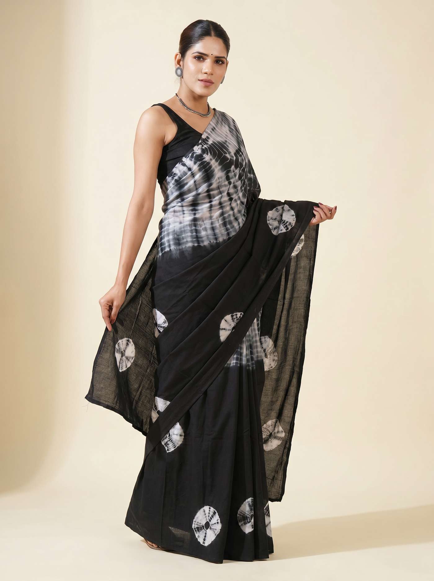 Pure Mulmul Cotton Saree | Charcoal Grey + Black + Grey Handblock Print | Summer & Office Wear | With Blouse image 2