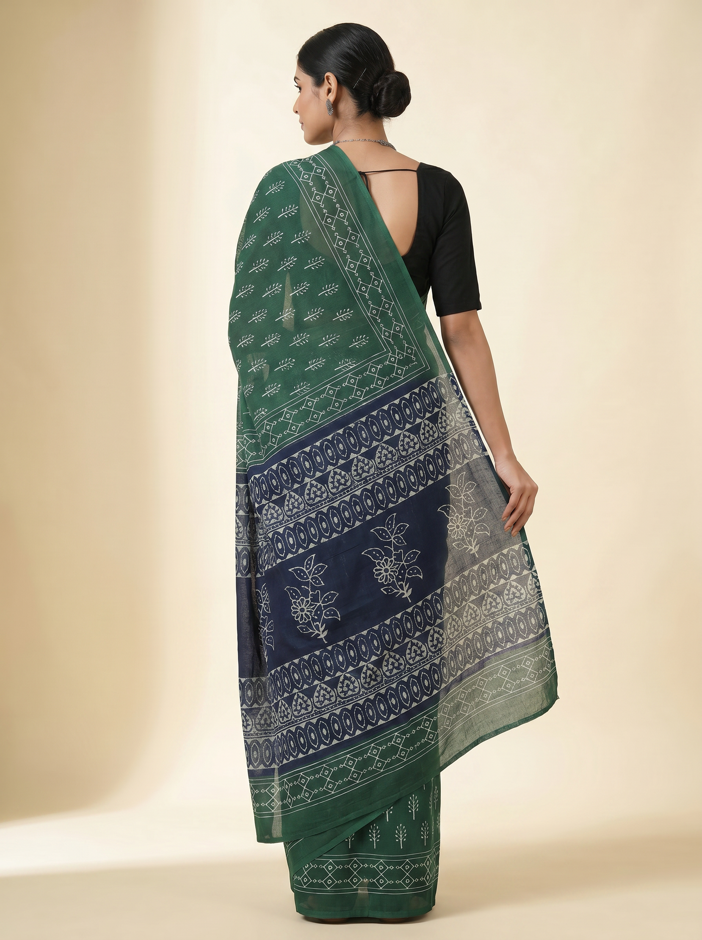 Pure Mulmul Cotton Saree | Bottle Green Handblock Print | Summer & Office Wear | With Blouse image 3