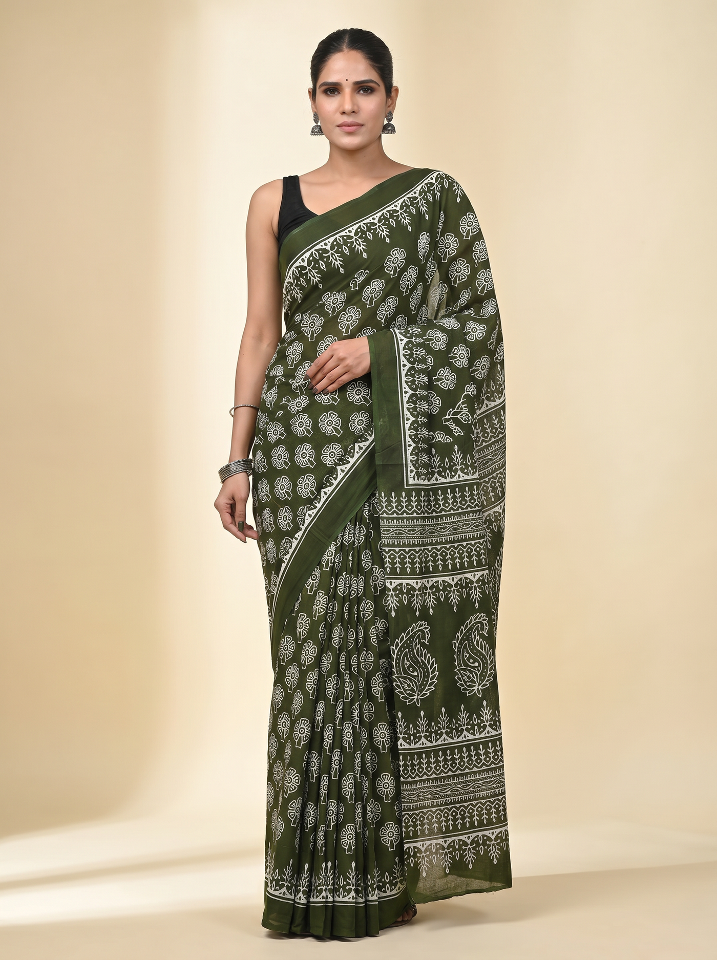 Bottle Green + Ochre + Grey pure mulmul cotton saree with blouse