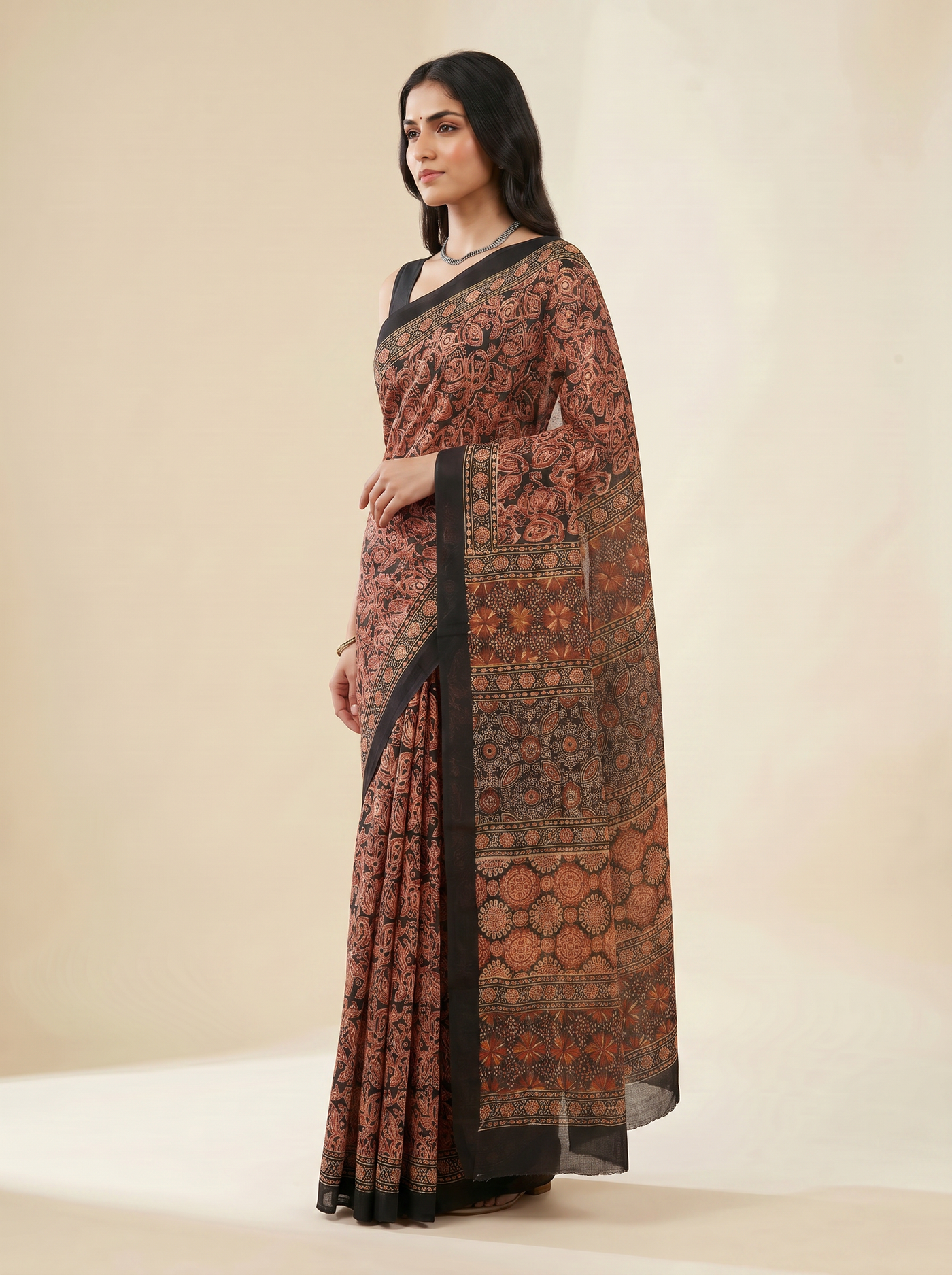 Pure Mulmul Cotton Saree | Charcoal Grey + Brick Red + Grey Handblock Print | Summer & Office Wear | With Blouse image 2