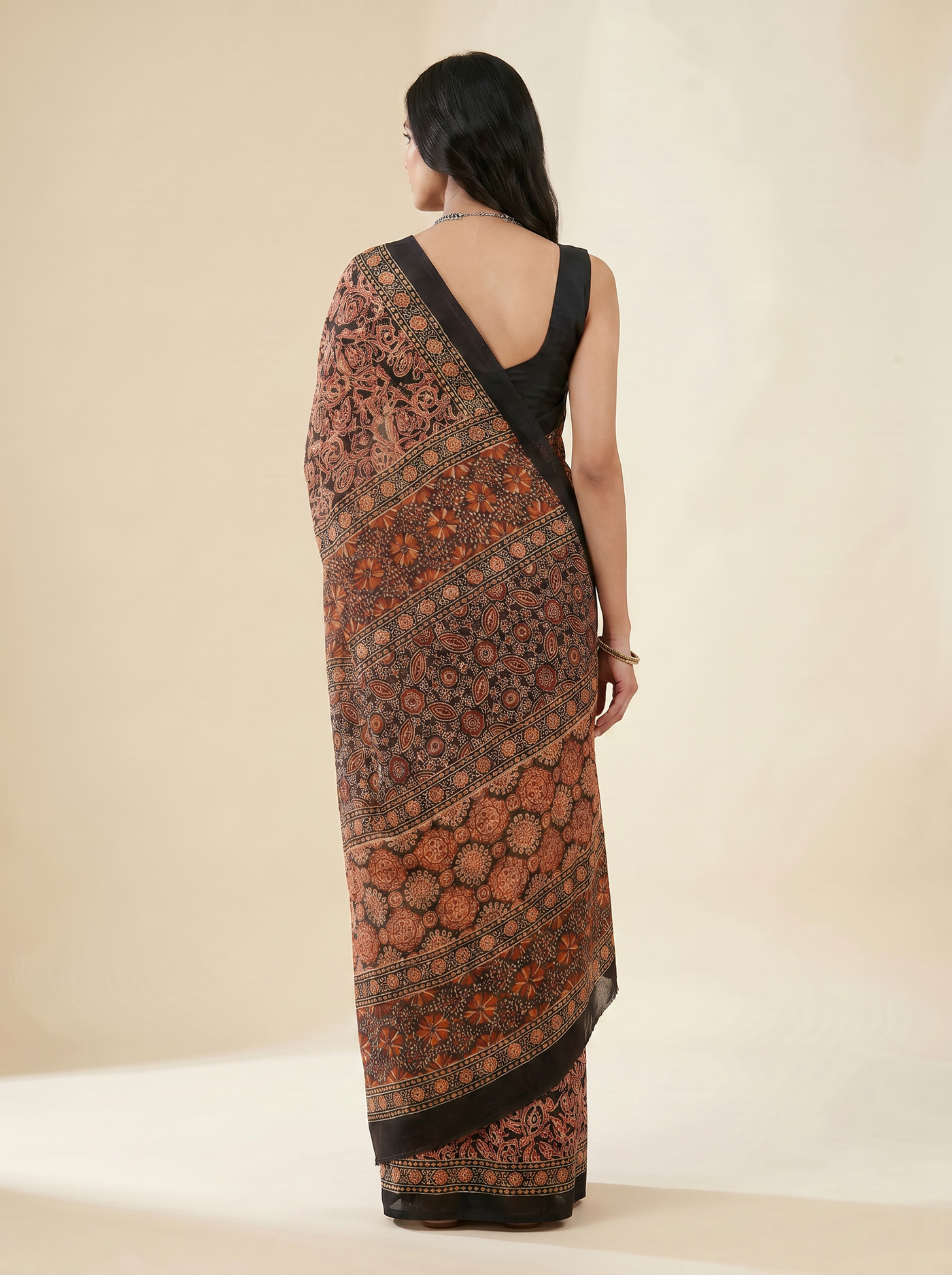 Pure Mulmul Cotton Saree | Charcoal Grey + Brick Red + Grey Handblock Print | Summer & Office Wear | With Blouse image 3