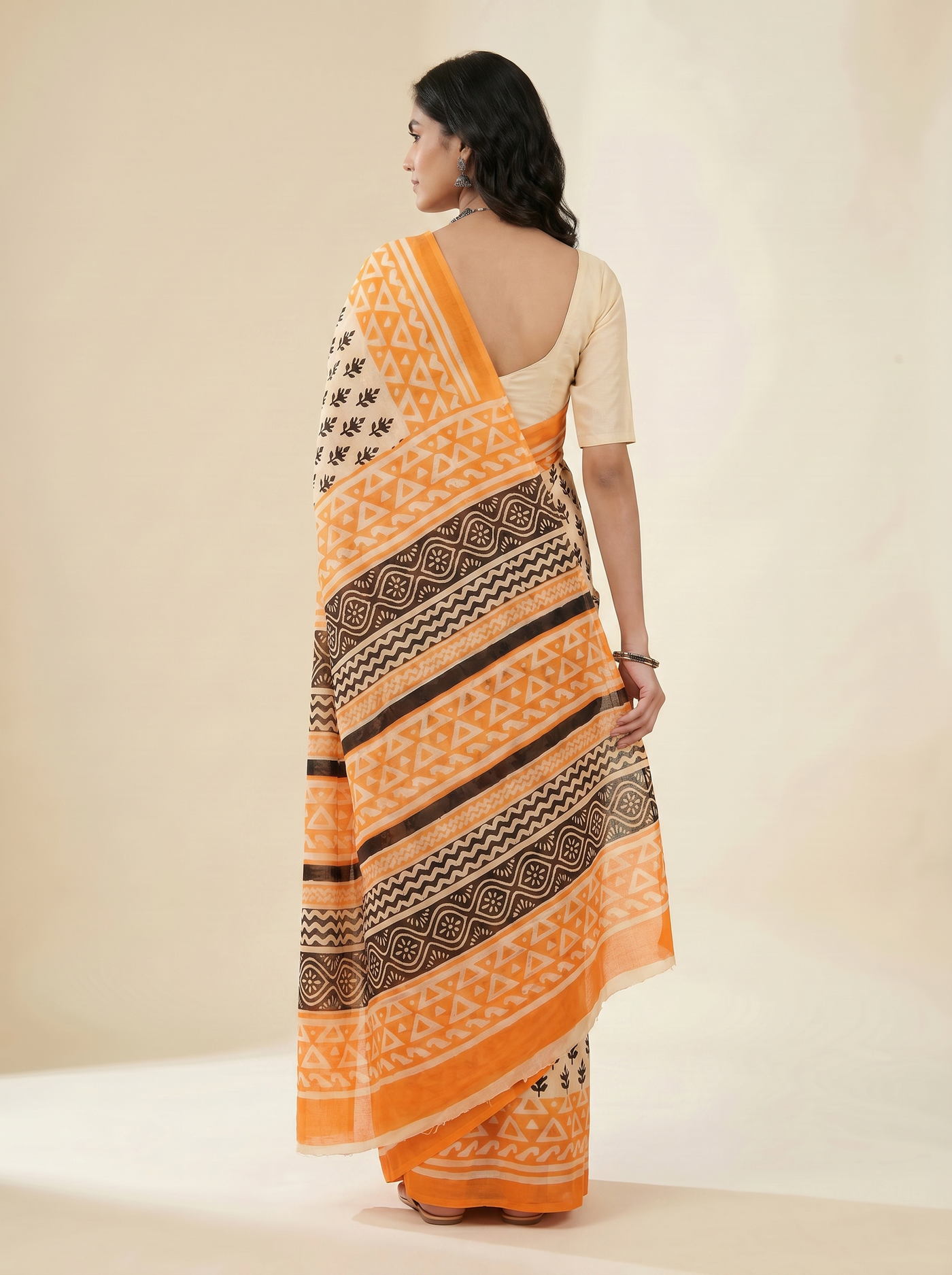 Pure Mulmul Cotton Saree | Brick Red + Terracotta Handblock Print | Summer & Office Wear | With Blouse image 3