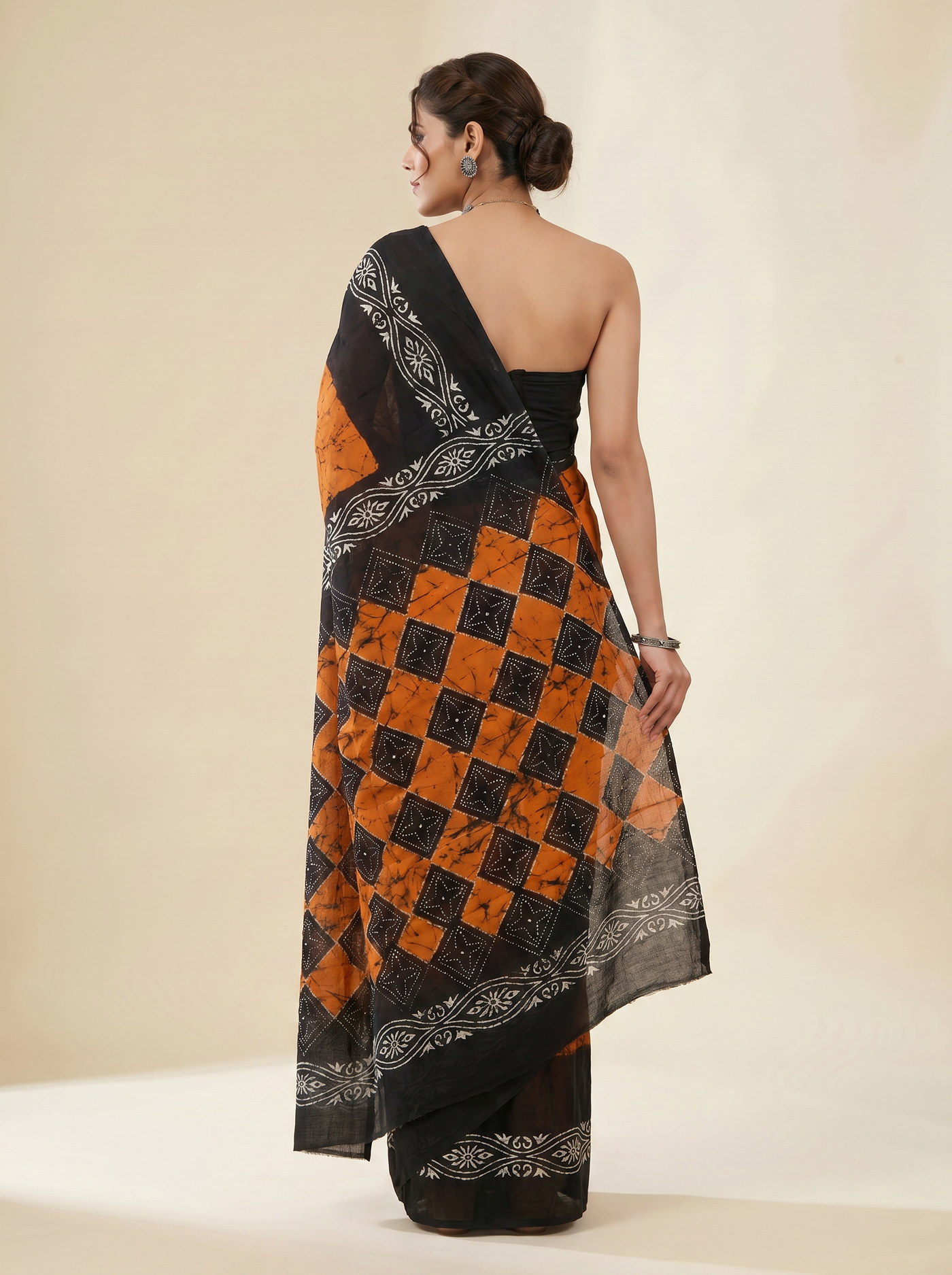 Pure Mulmul Cotton Saree | Charcoal Grey + Brick Red + Burnt Orange + Black + Grey Handblock Print | Summer & Office Wear | With Blouse image 3