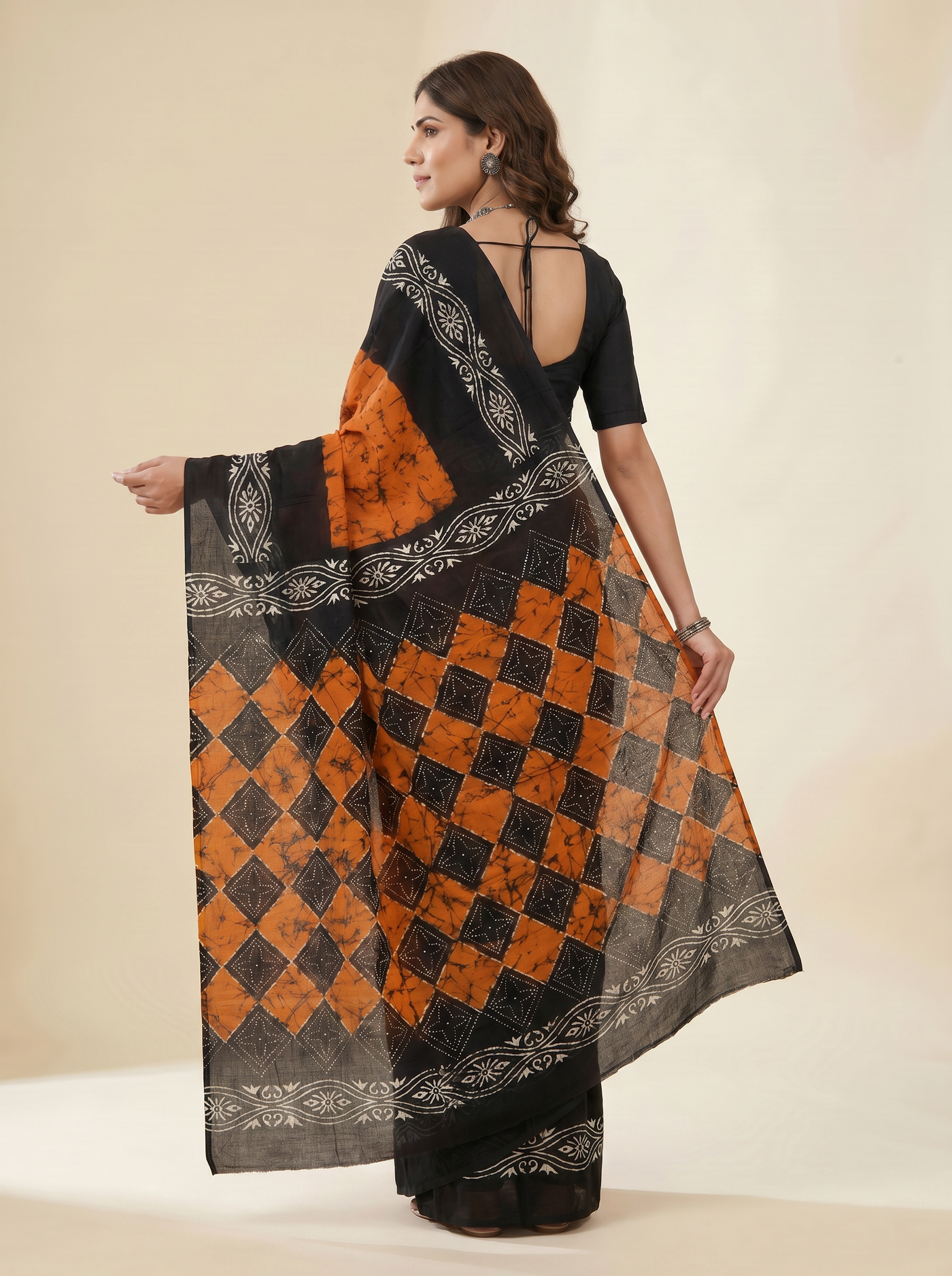 Pure Mulmul Cotton Saree | Charcoal Grey + Brick Red + Burnt Orange + Black + Grey Handblock Print | Summer & Office Wear | With Blouse image 4