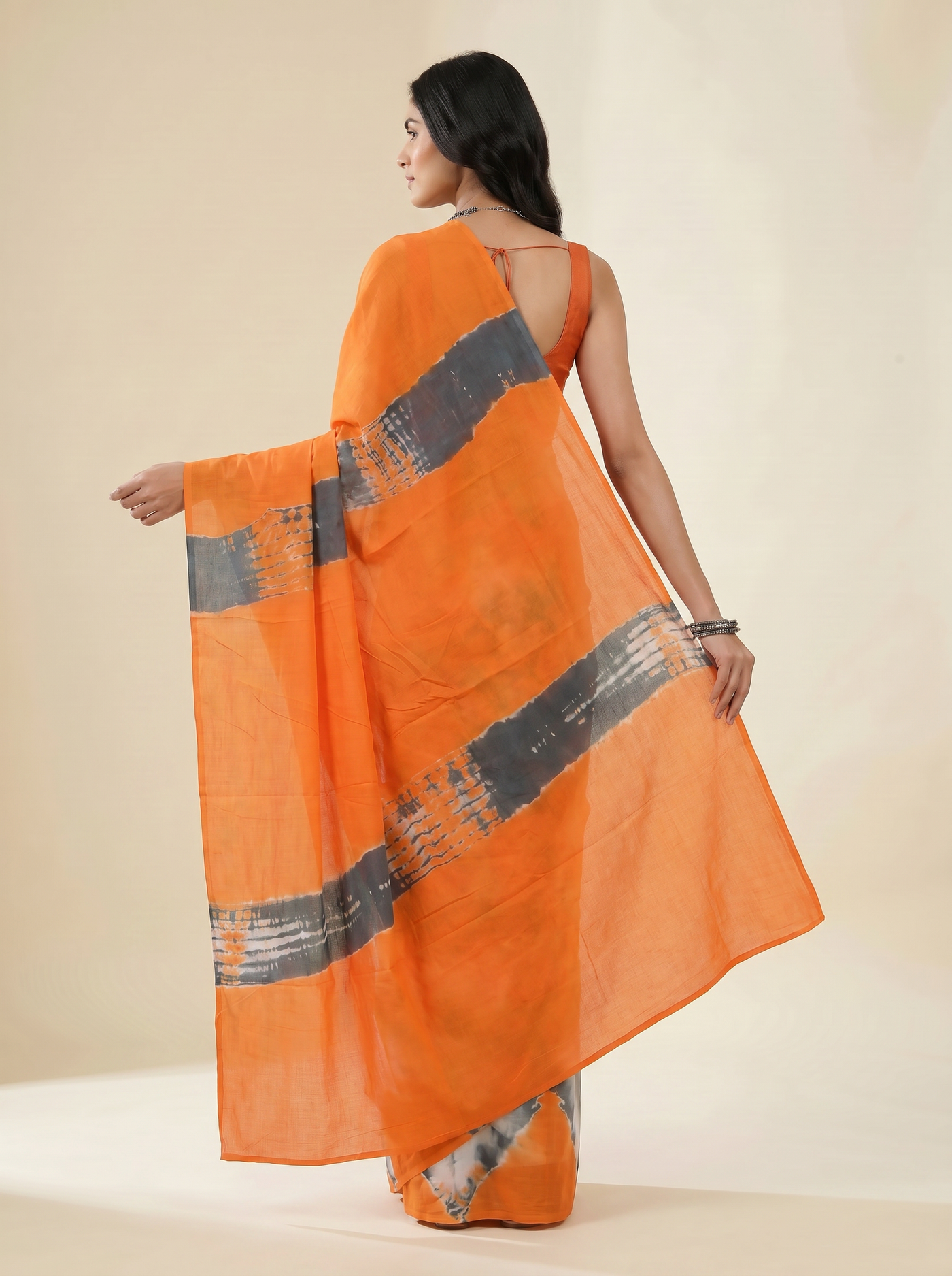 Pure Mulmul Cotton Saree | Burnt Orange + Grey + Wine Handblock Print | Summer & Office Wear | With Blouse image 4