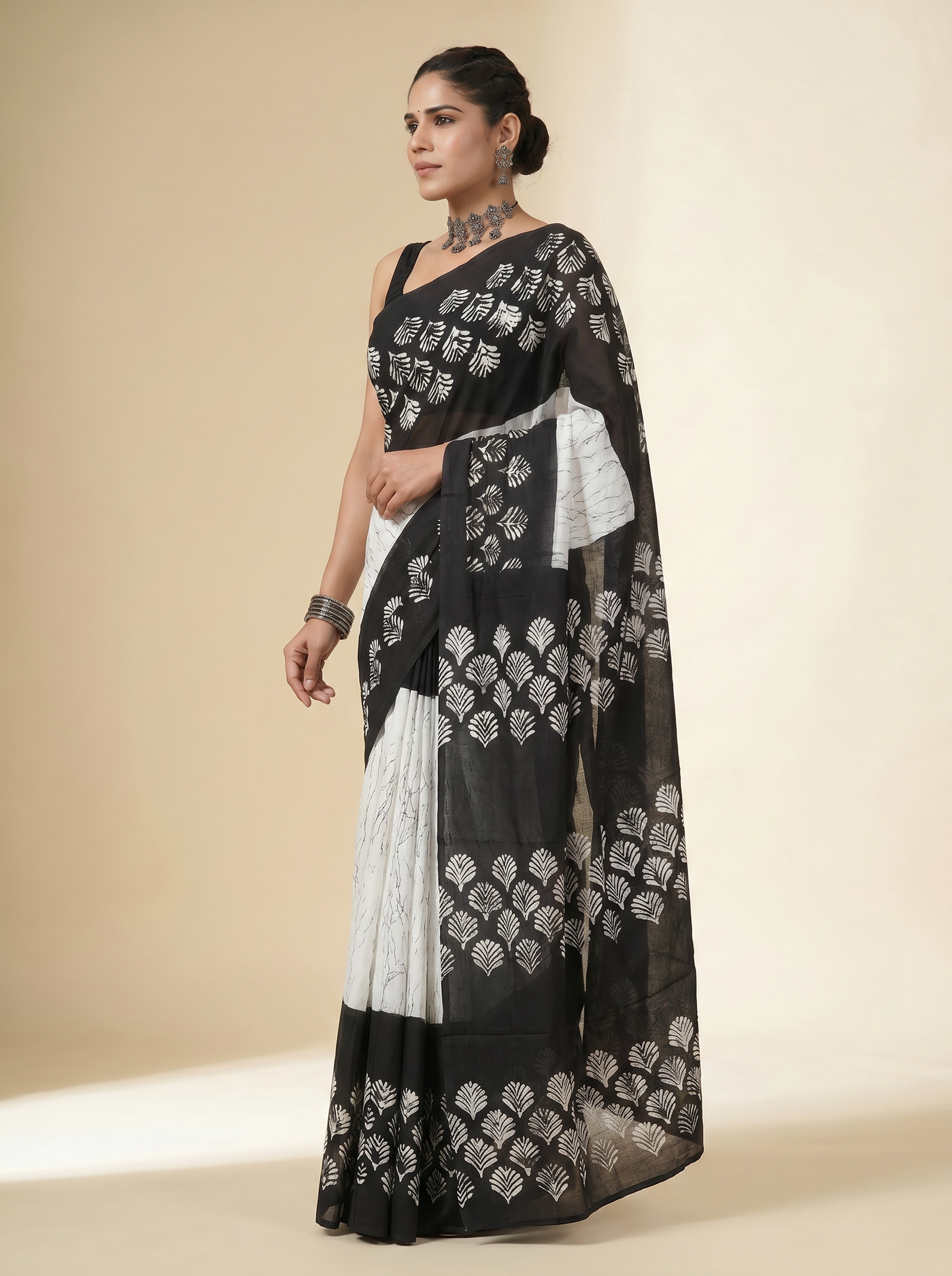 Pure Mulmul Cotton Saree | Charcoal Grey + Black + Grey Handblock Print | Summer & Office Wear | With Blouse image 2
