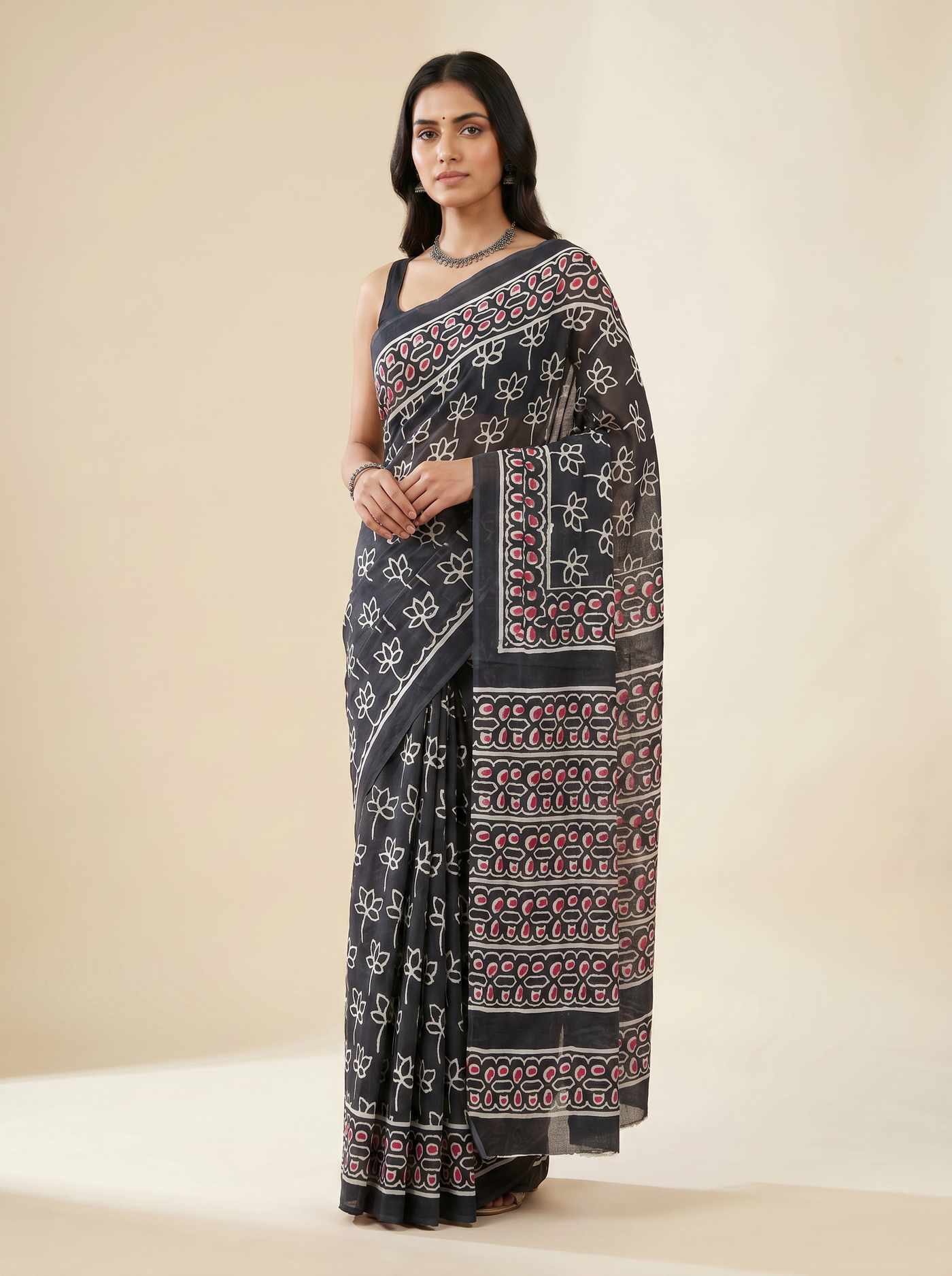 Charcoal Grey + Grey pure mulmul cotton saree with blouse