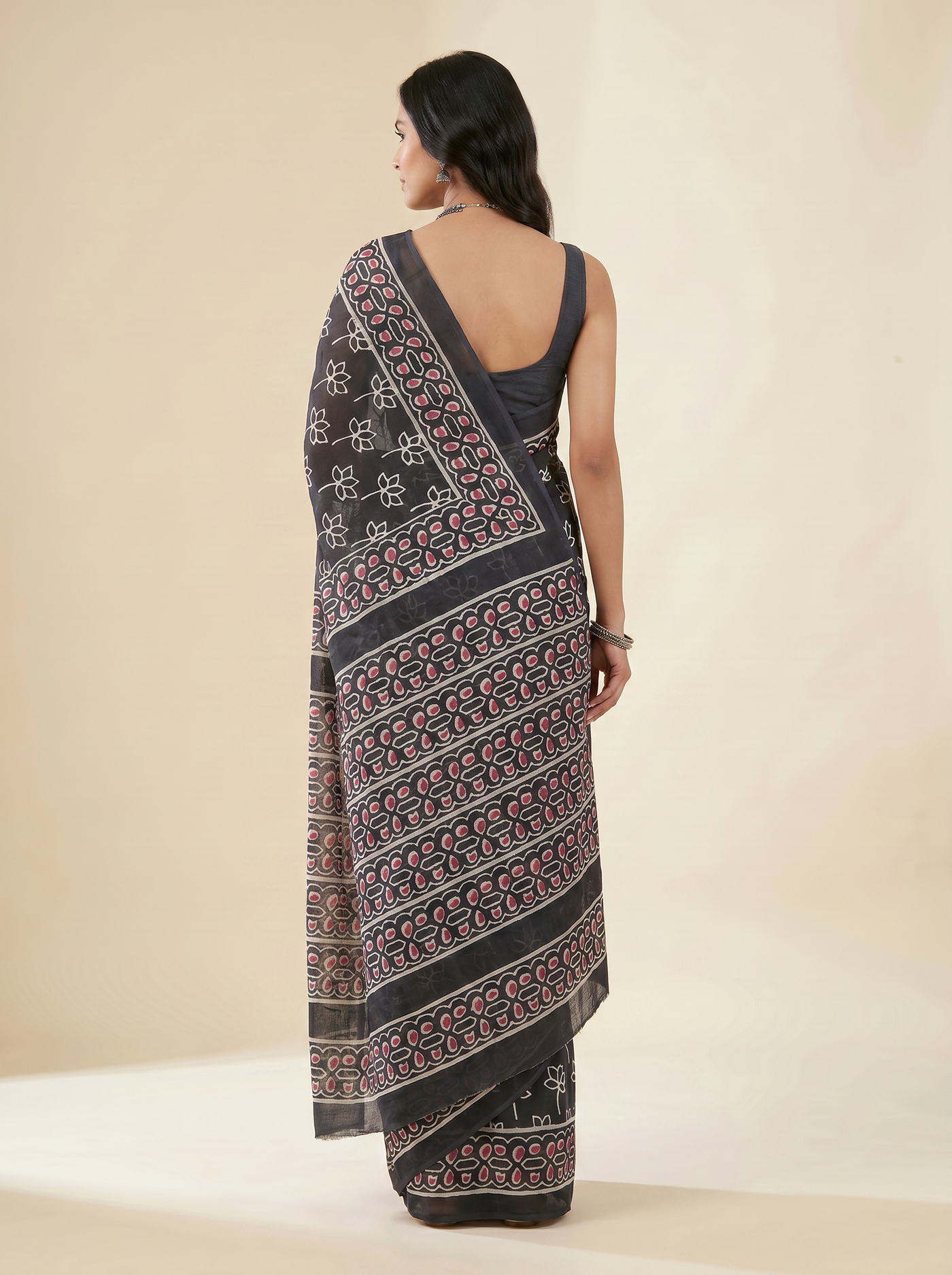Pure Mulmul Cotton Saree | Charcoal Grey + Grey Handblock Print | Summer & Office Wear | With Blouse | Design 2 image 3