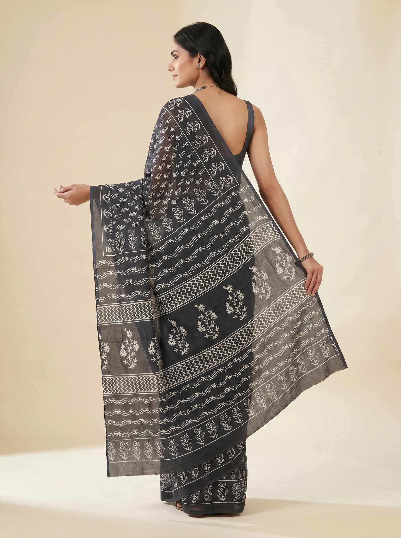 Pure Mulmul Cotton Saree | Charcoal Grey + Grey Handblock Print | Summer & Office Wear | With Blouse image 4