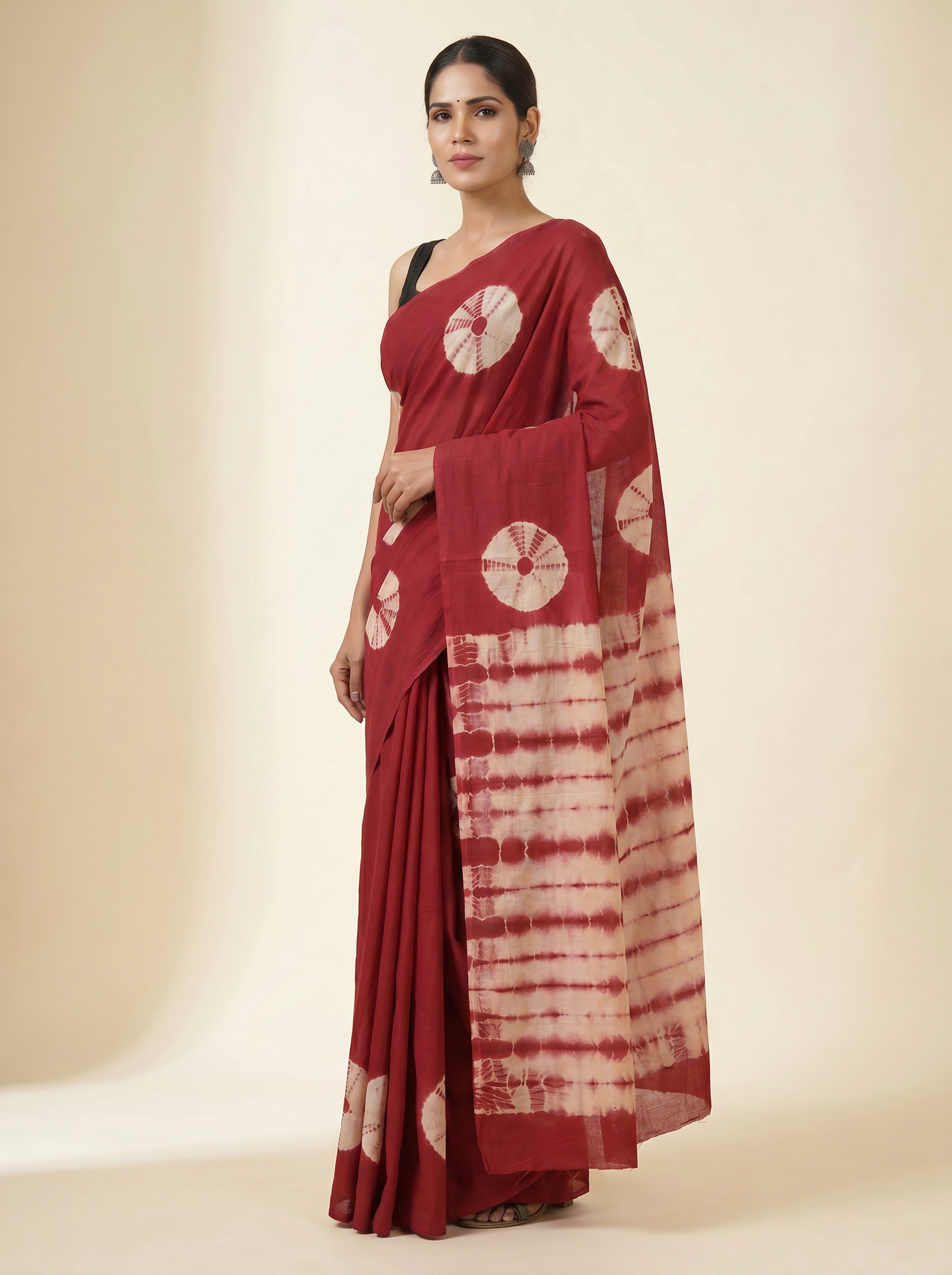 Pure Mulmul Cotton Saree | Crimson + Beige Handblock Print | Summer & Office Wear | With Blouse image 2
