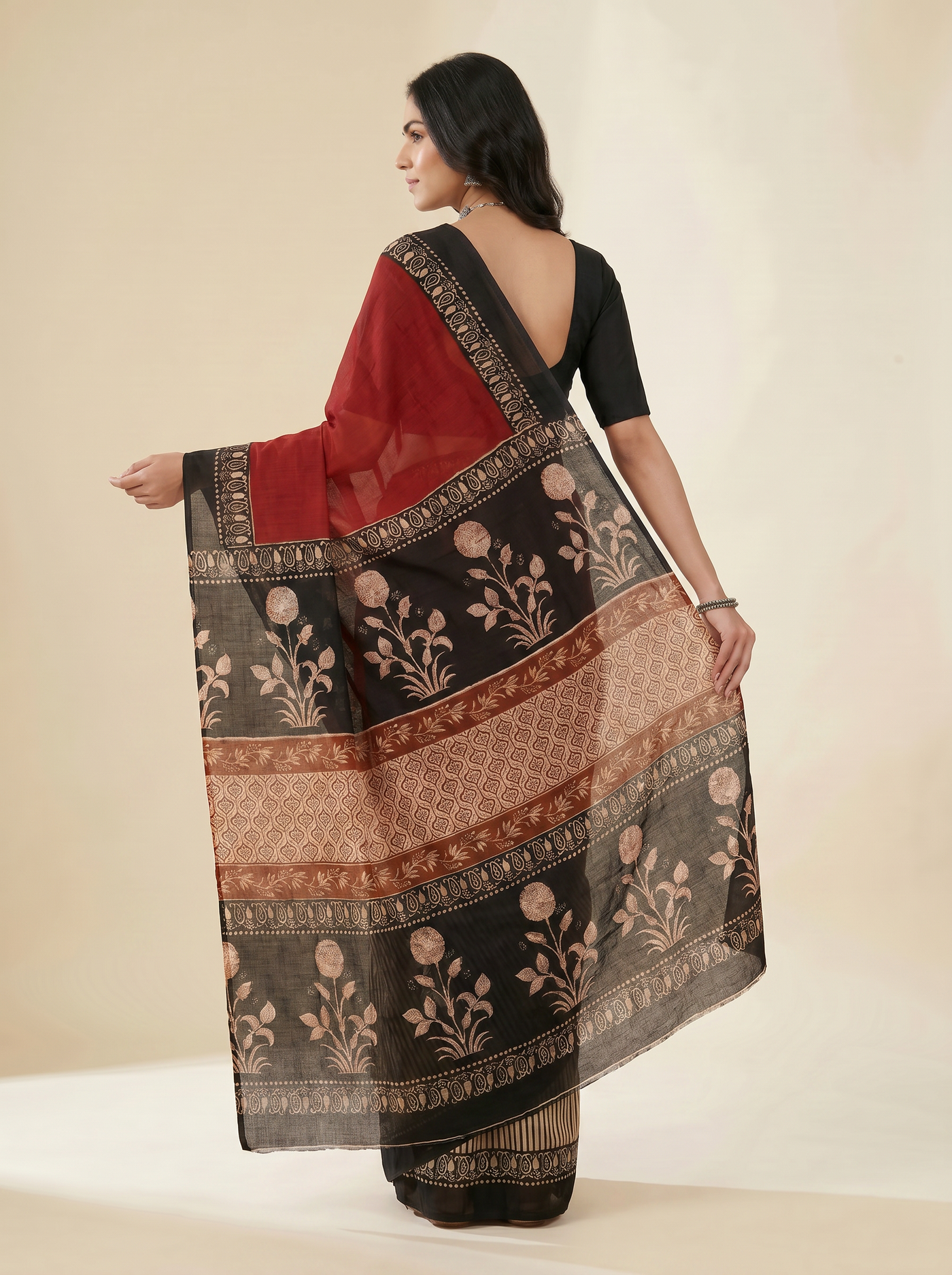 Pure Mulmul Cotton Saree | Crimson + Black Handblock Print | Summer & Office Wear | With Blouse | Design 2 image 4