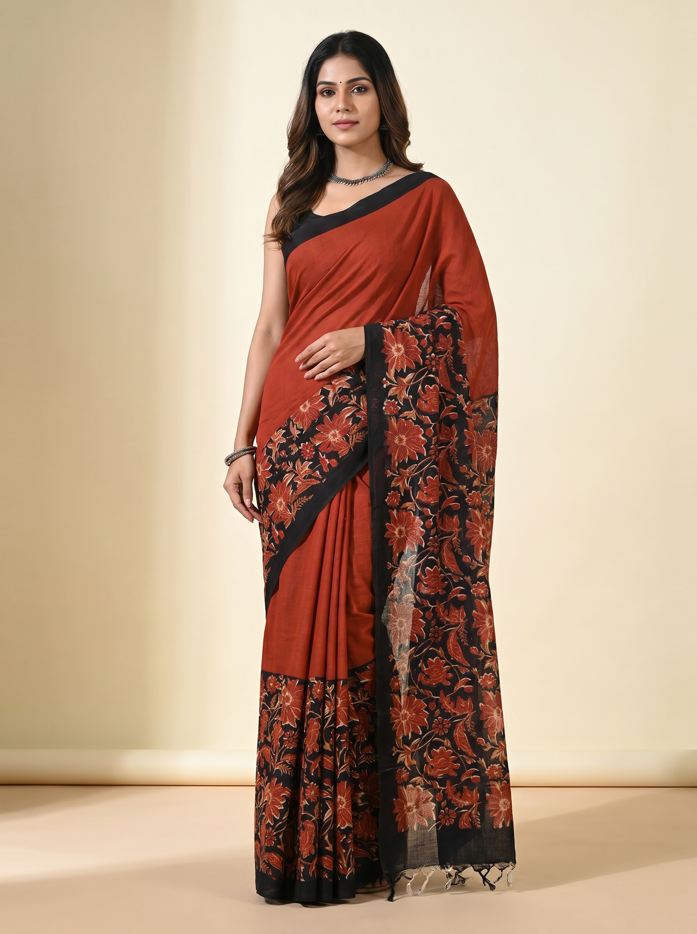Crimson + Black pure mulmul cotton saree with blouse