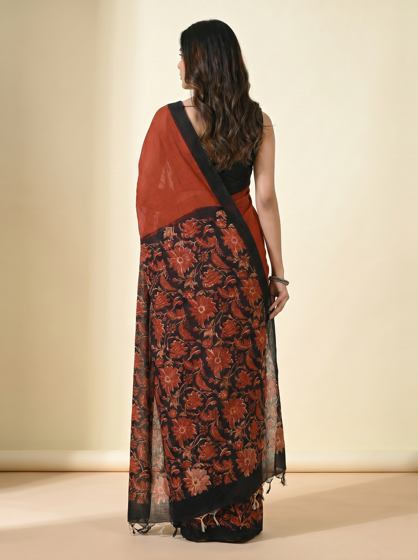 Pure Mulmul Cotton Saree | Crimson + Black Handblock Print | Summer & Office Wear | With Blouse image 3