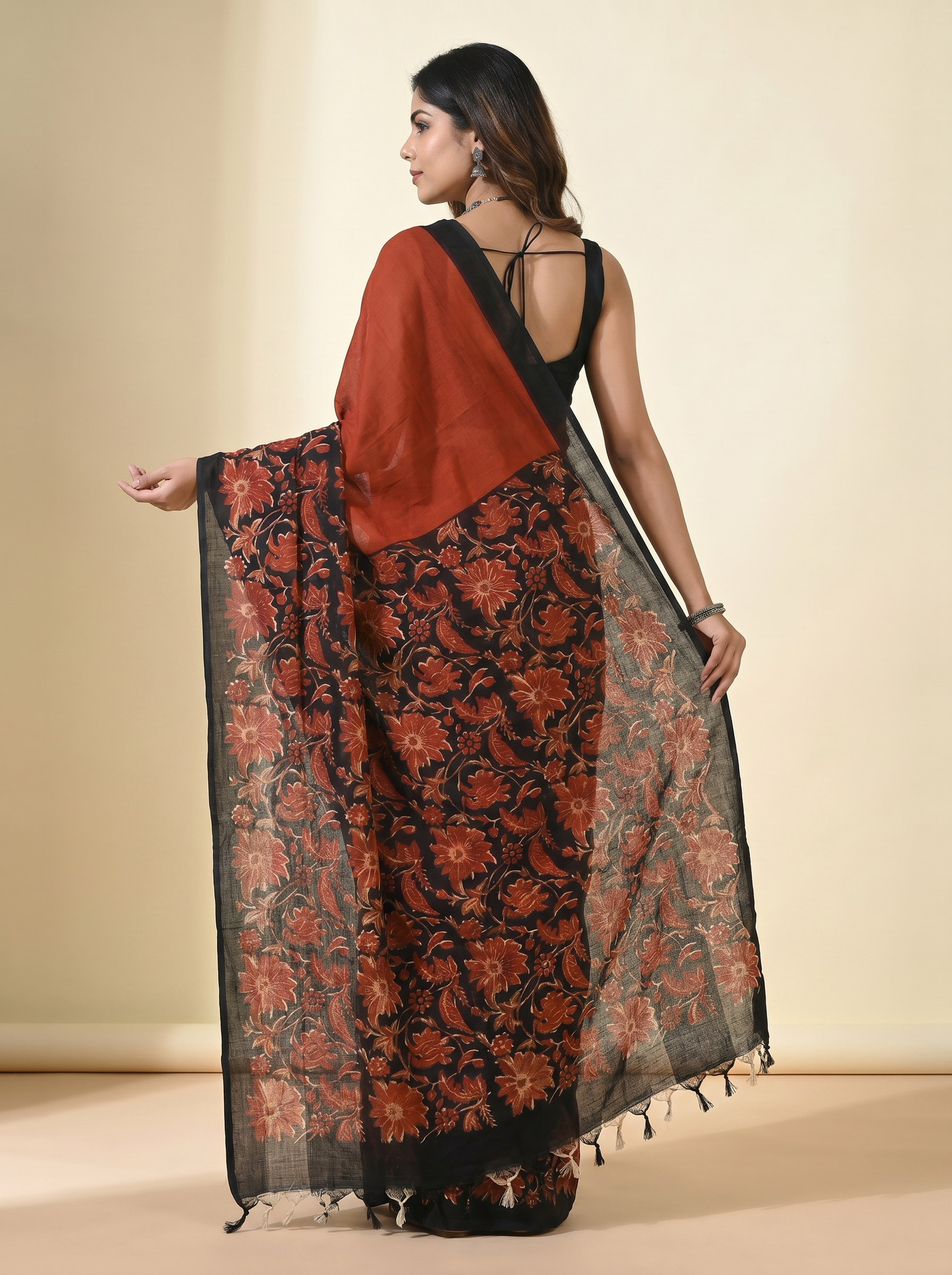 Pure Mulmul Cotton Saree | Crimson + Black Handblock Print | Summer & Office Wear | With Blouse image 4