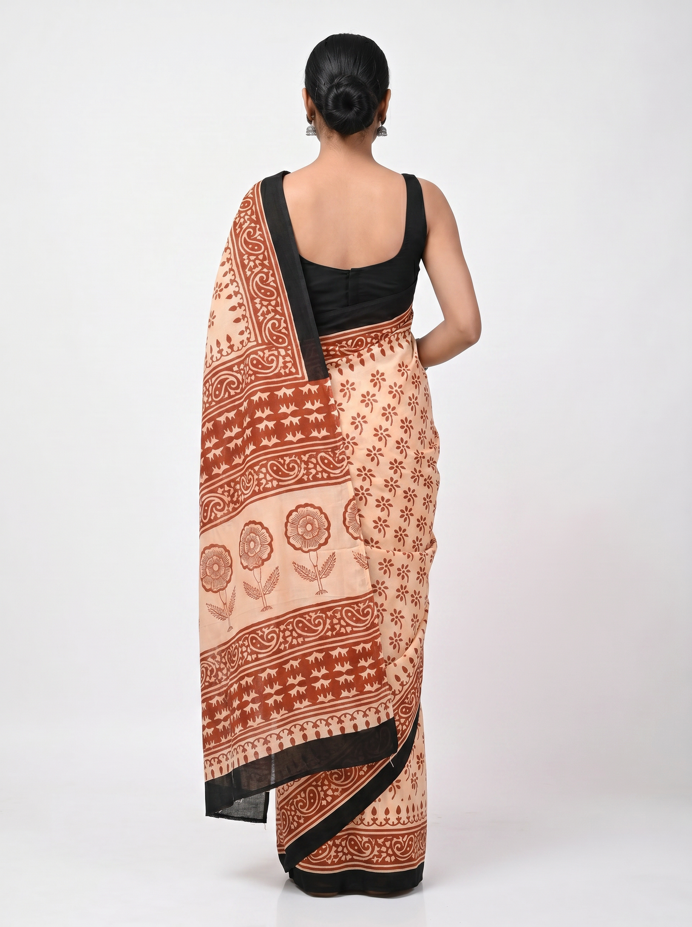 Pure Mulmul Cotton Saree | Terracotta + Crimson + Beige Handblock Print | Summer & Office Wear | With Blouse image 3