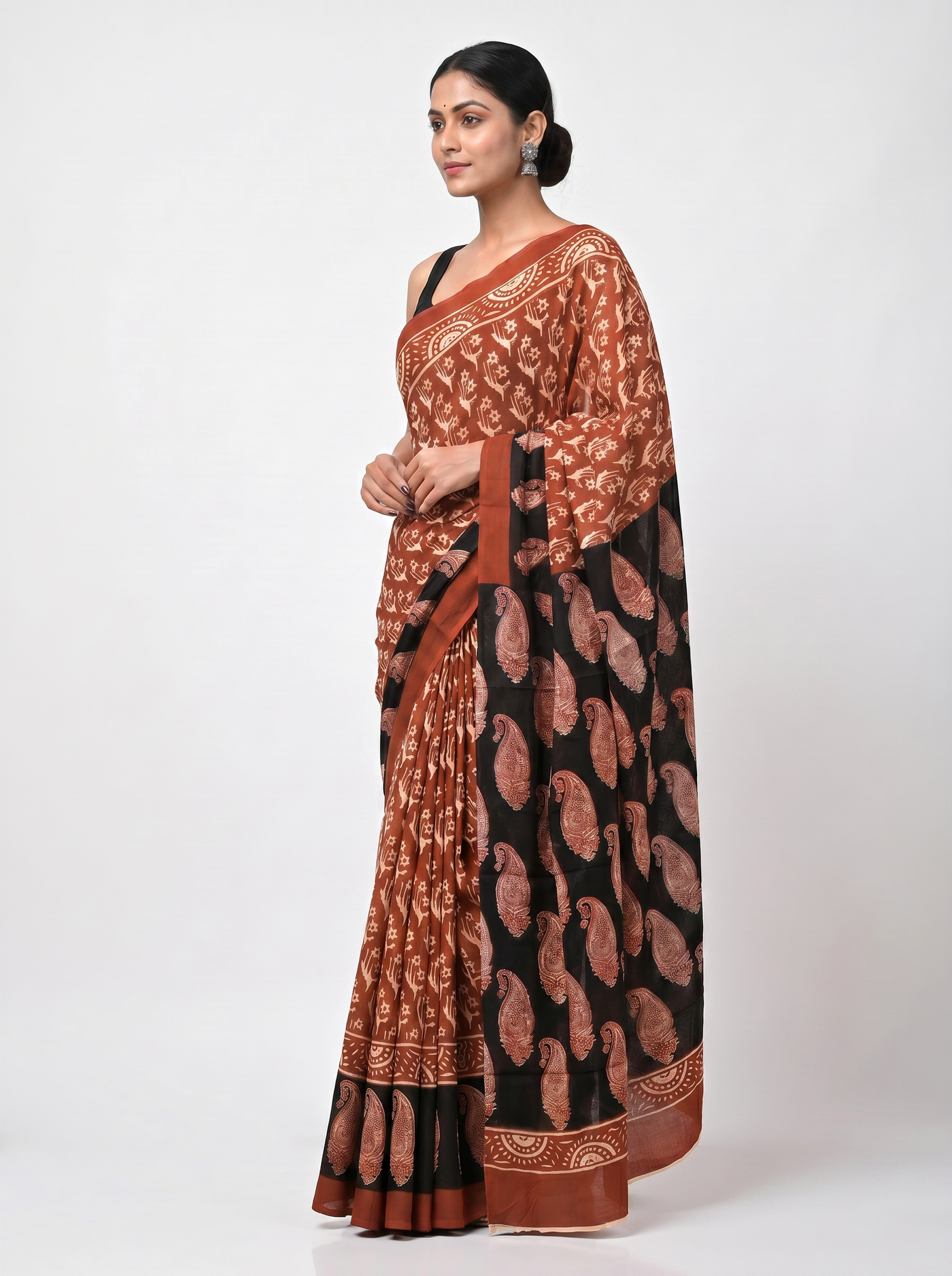 Pure Mulmul Cotton Saree | Deep Red + Black Handblock Print | Summer & Office Wear | With Blouse image 2