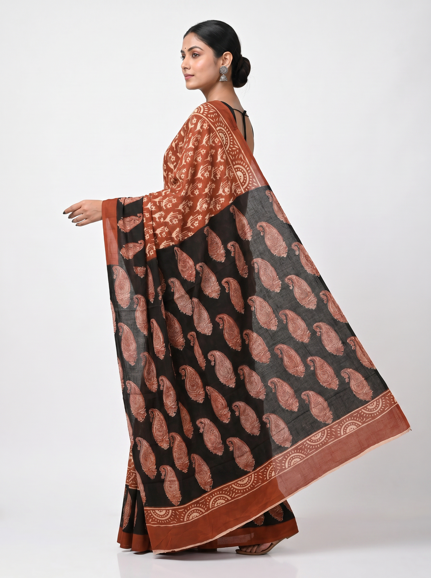 Pure Mulmul Cotton Saree | Deep Red + Black Handblock Print | Summer & Office Wear | With Blouse image 4