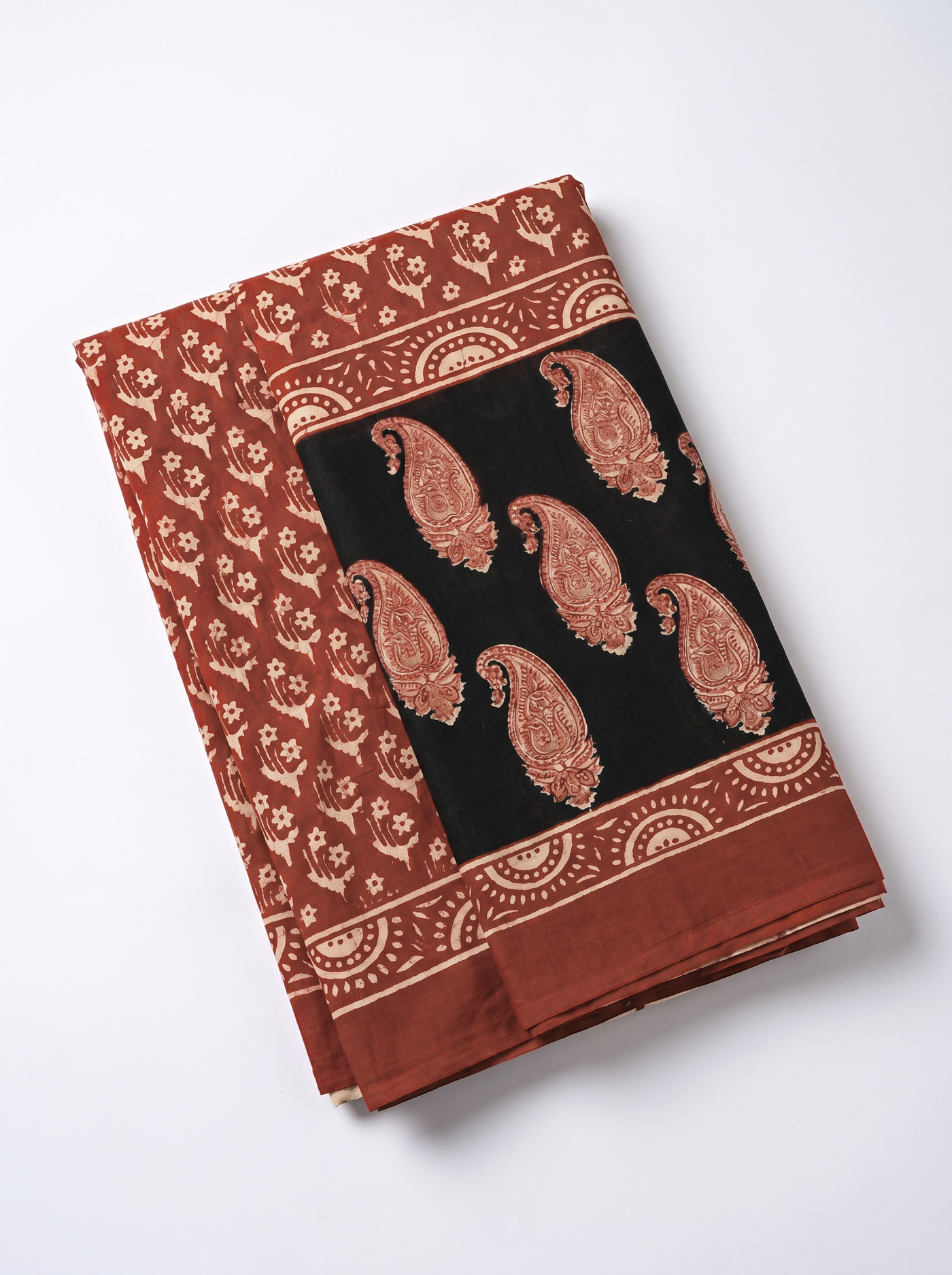 Pure Mulmul Cotton Saree | Deep Red + Black Handblock Print | Summer & Office Wear | With Blouse image 5