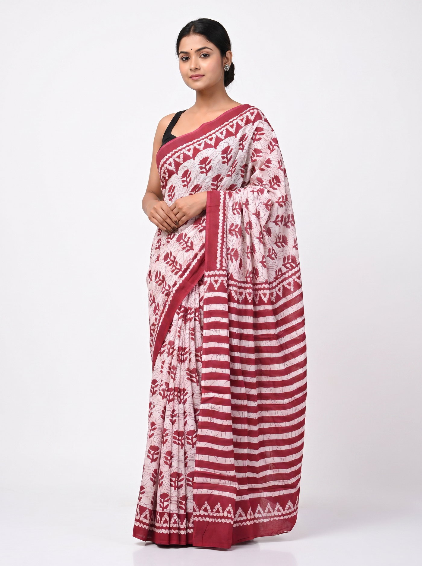 Deep Red pure mulmul cotton saree with blouse