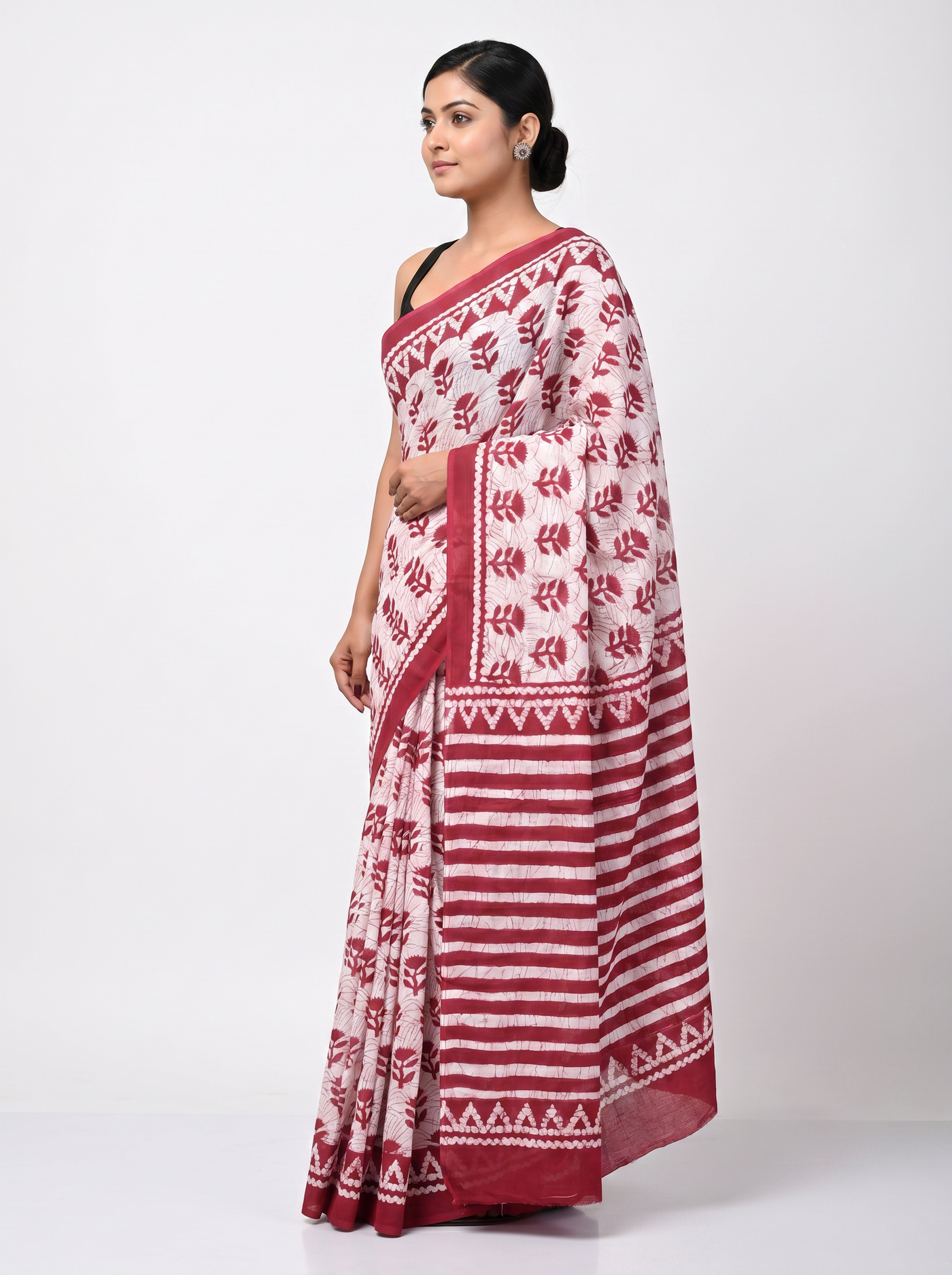 Pure Mulmul Cotton Saree | Deep Red Handblock Print | Summer & Office Wear | With Blouse image 2