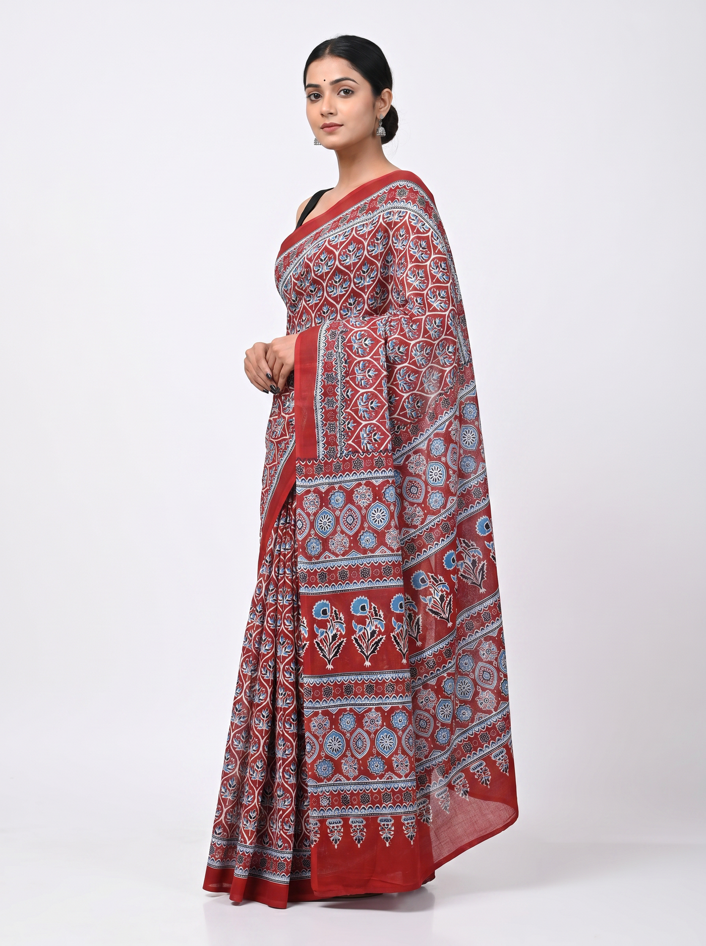 Pure Mulmul Cotton Saree | Deep Red Handblock Print | Summer & Office Wear | With Blouse image 2