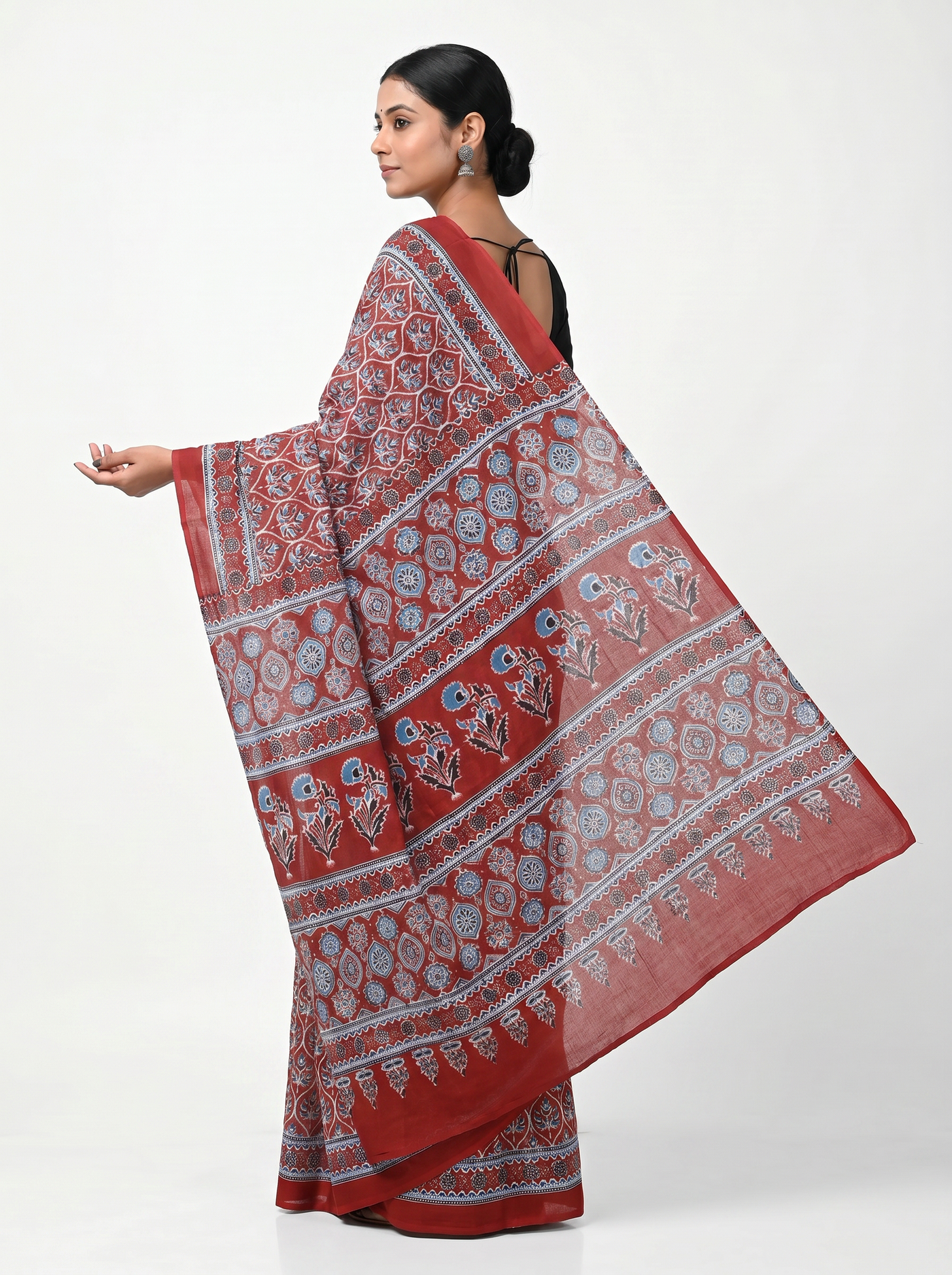Pure Mulmul Cotton Saree | Deep Red Handblock Print | Summer & Office Wear | With Blouse image 4