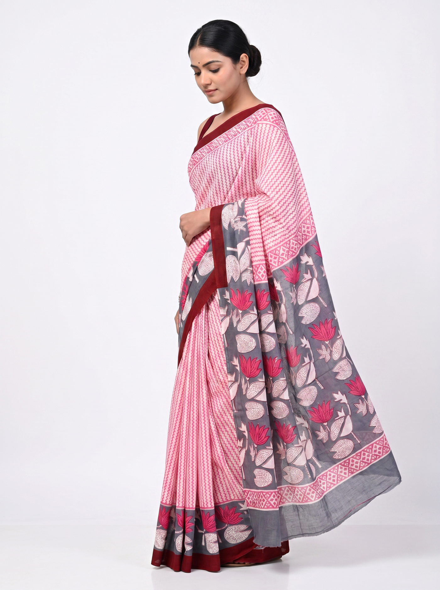 Pure Mulmul Cotton Saree | Deep Red + Dusty Pink + Beige Handblock Print | Summer & Office Wear | With Blouse image 2