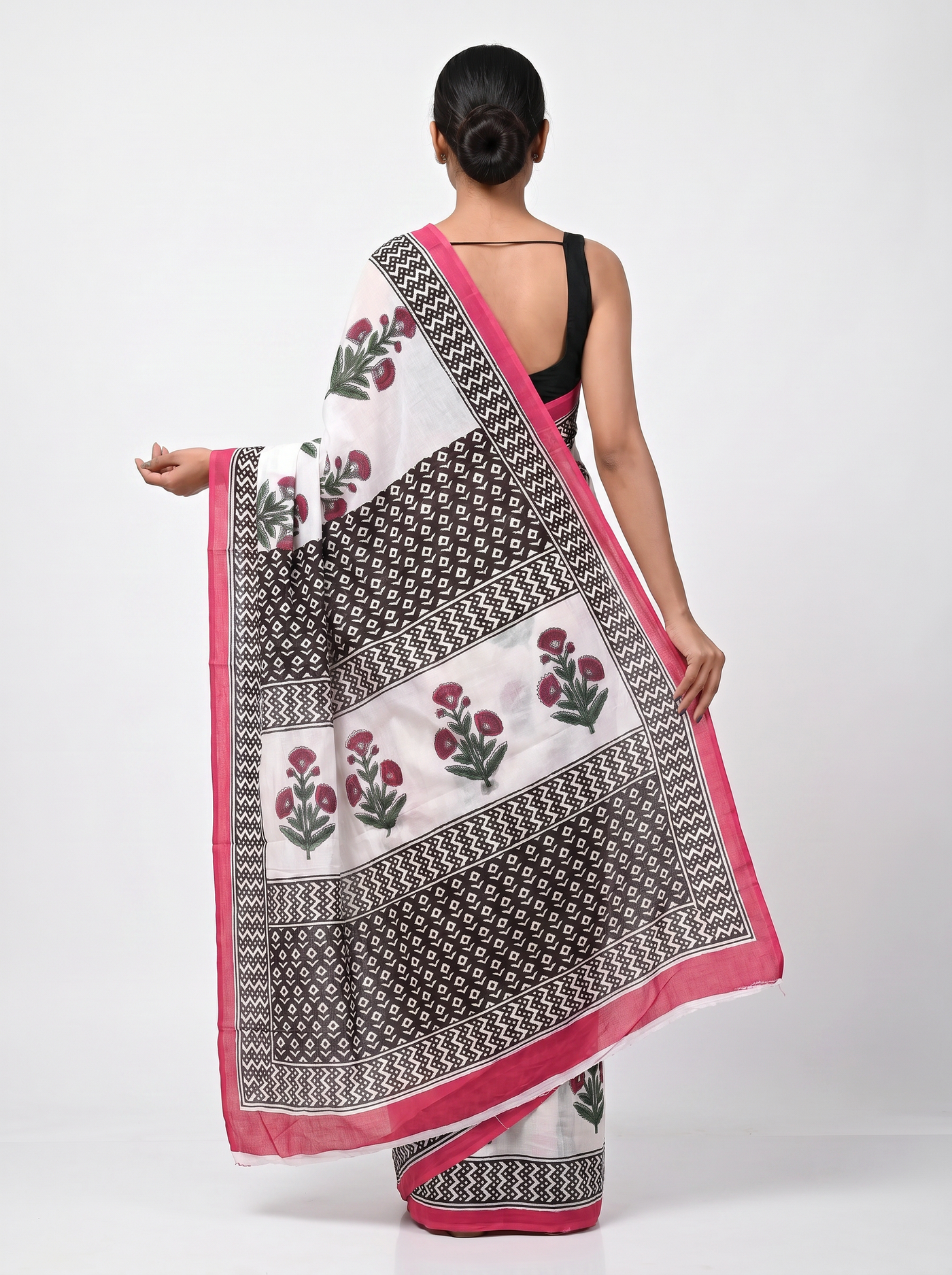 Pure Mulmul Cotton Saree | Deep Red + Grey Handblock Print | Summer & Office Wear | With Blouse image 3