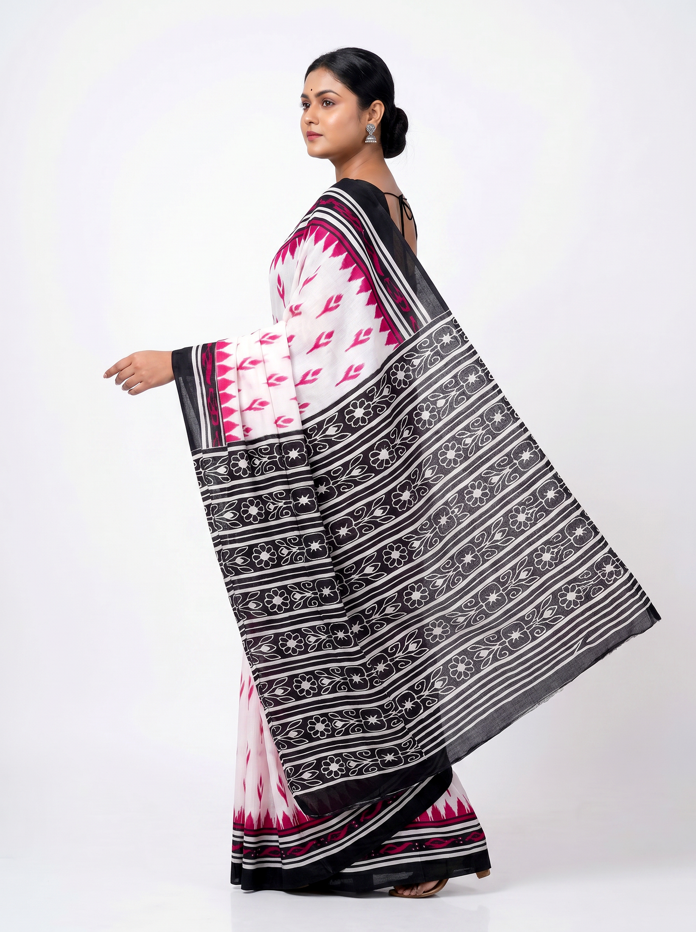 Pure Mulmul Cotton Saree | Deep Red + Grey Handblock Print | Summer & Office Wear | With Blouse image 4