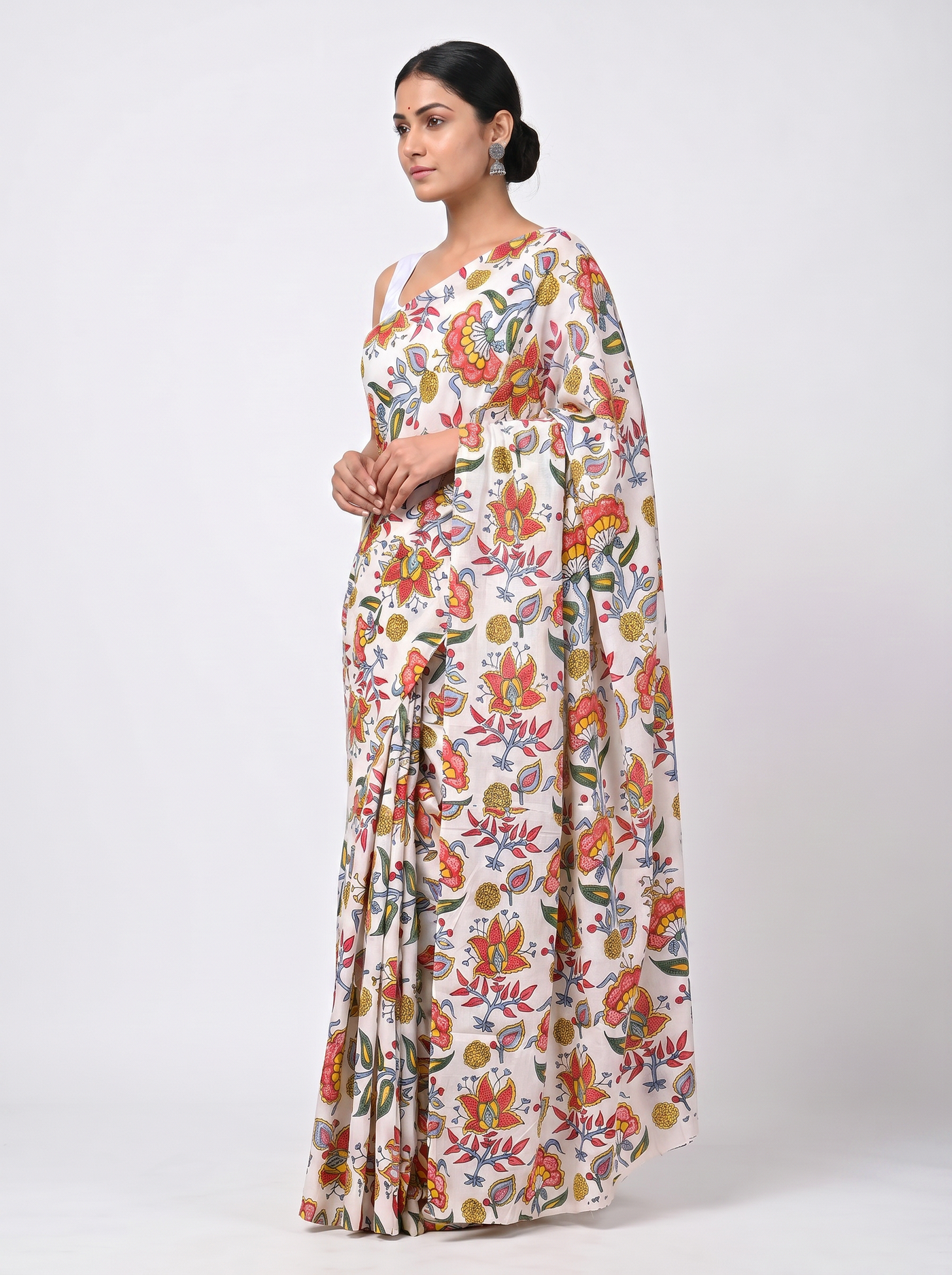 Pure Mulmul Cotton Saree | Deep Red + Off White + Golden Handblock Golden Zari | Festive Wear | With Blouse image 2