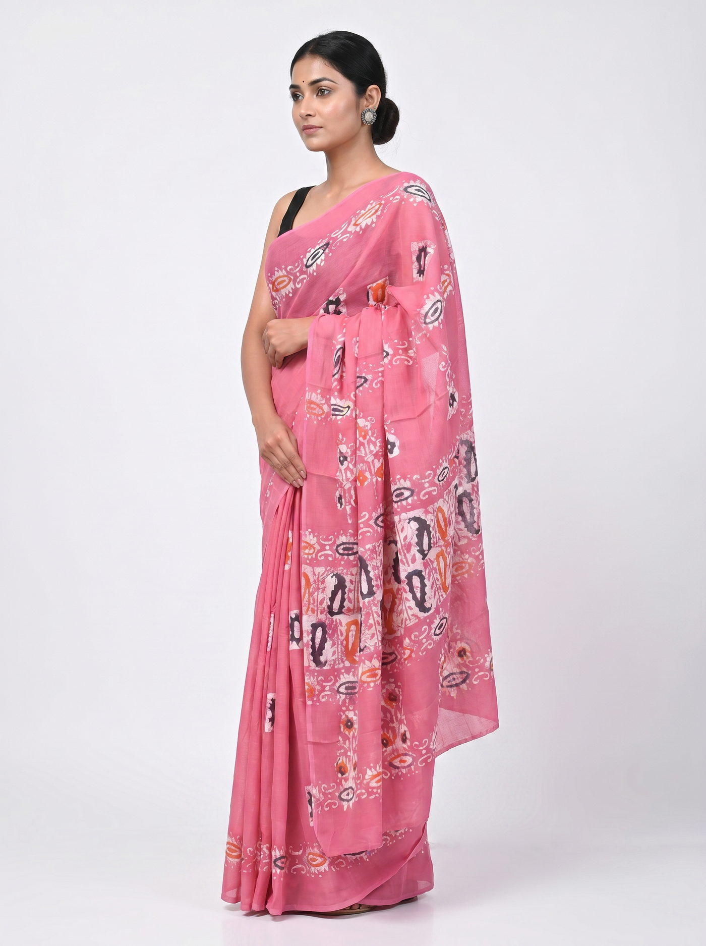 Pure Mulmul Cotton Saree | Deep Red + Rani Pink Handblock Print | Summer & Office Wear | With Blouse image 2