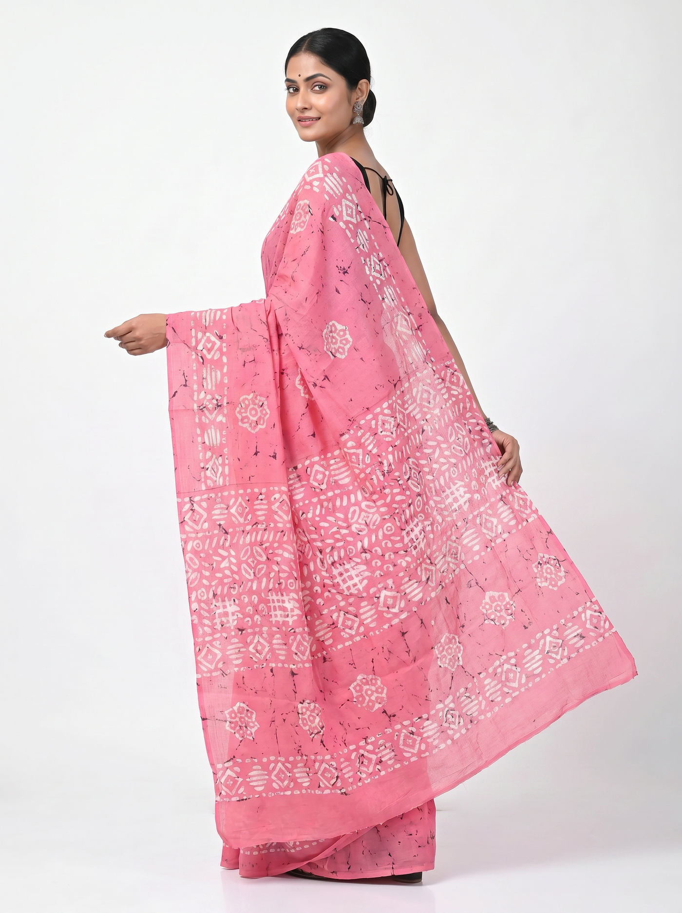 Pure Mulmul Cotton Saree | Deep Red + Rose Pink Handblock Print | Summer & Office Wear | With Blouse image 4