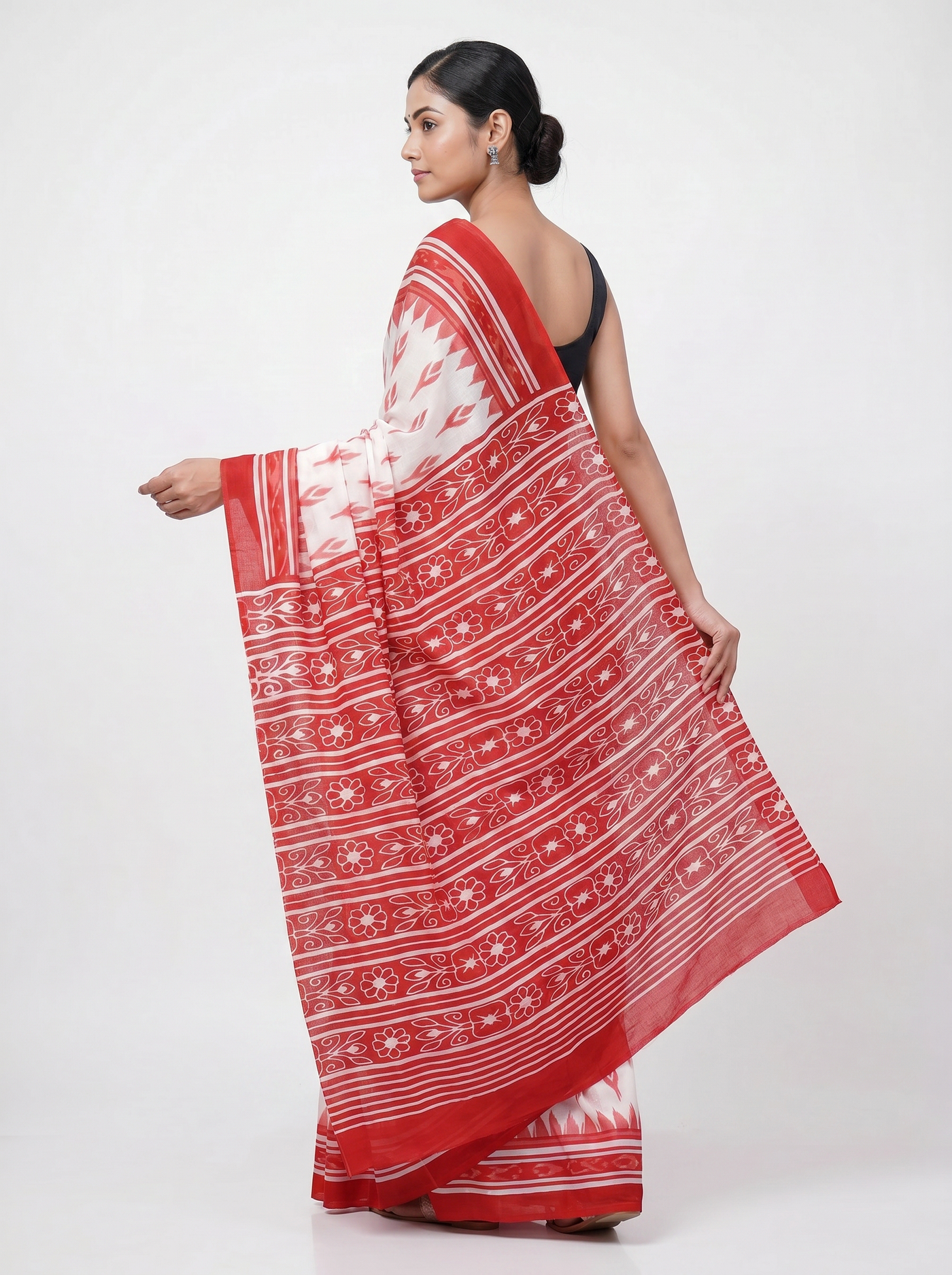 Pure Mulmul Cotton Saree | Deep Red Handblock Print | Summer & Office Wear | With Blouse image 4