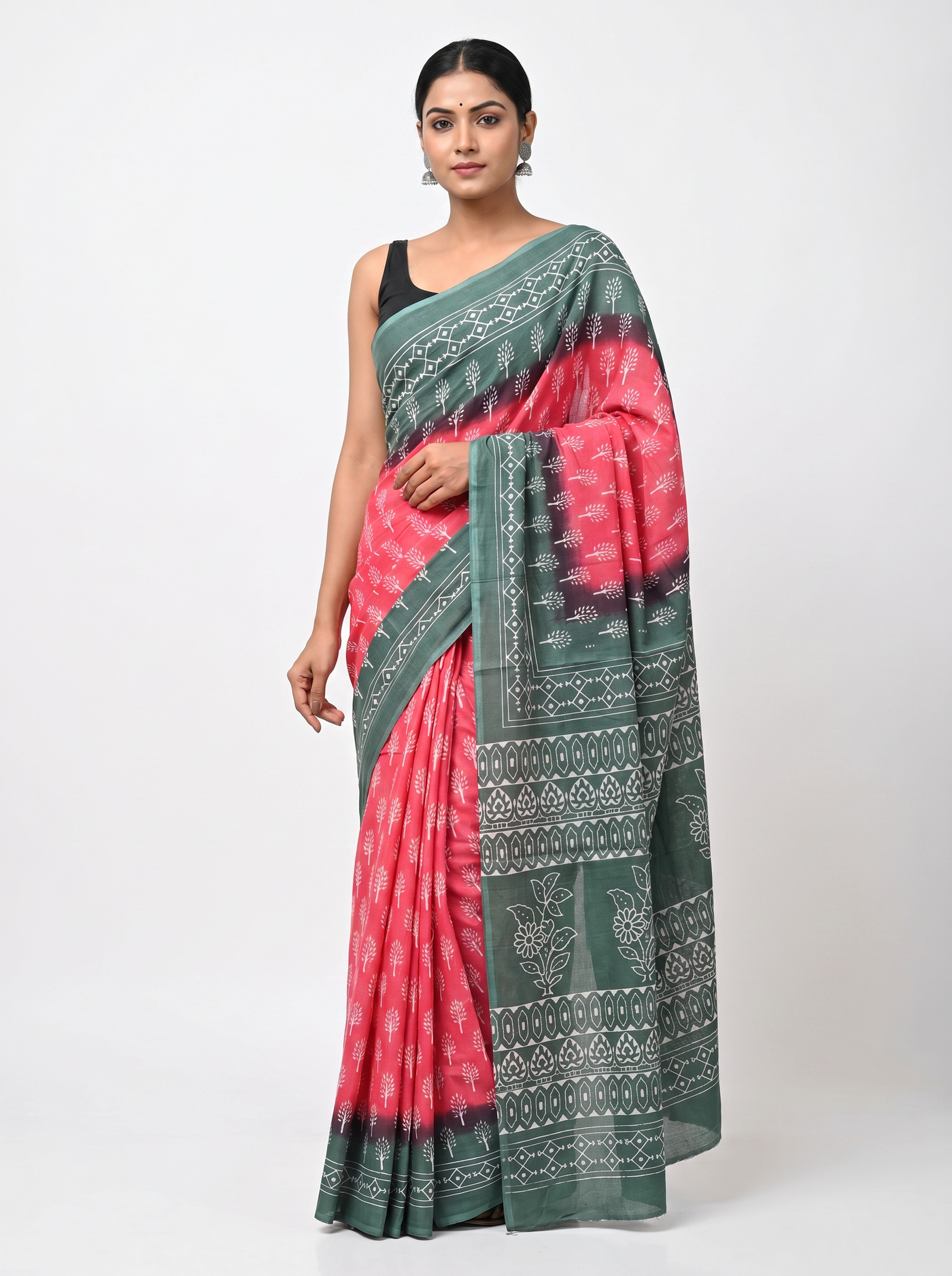 Deep Red + Teal Blue + Grey pure mulmul cotton saree with blouse