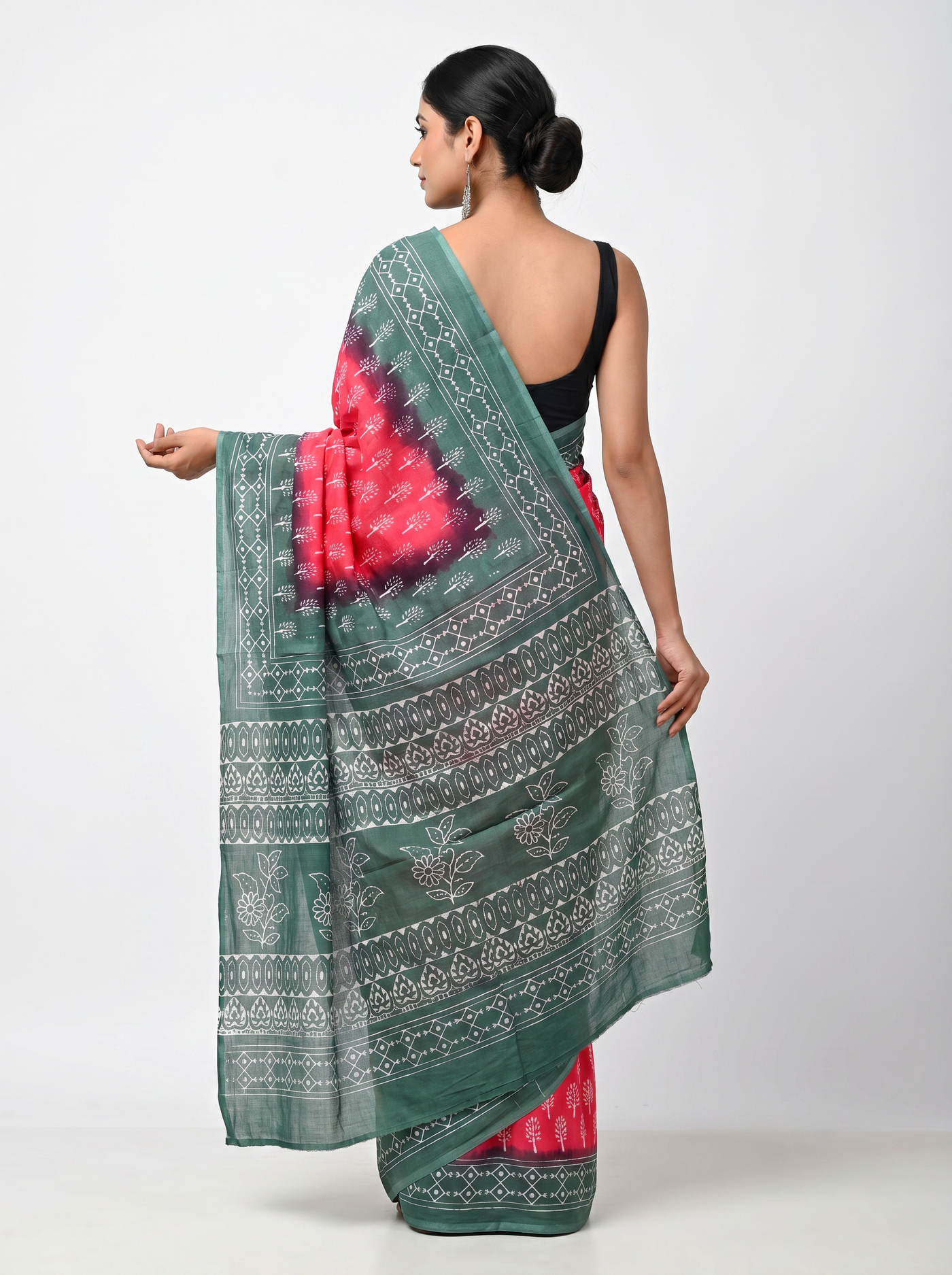 Pure Mulmul Cotton Saree | Deep Red + Teal Blue + Grey Handblock Print | Summer & Office Wear | With Blouse image 3