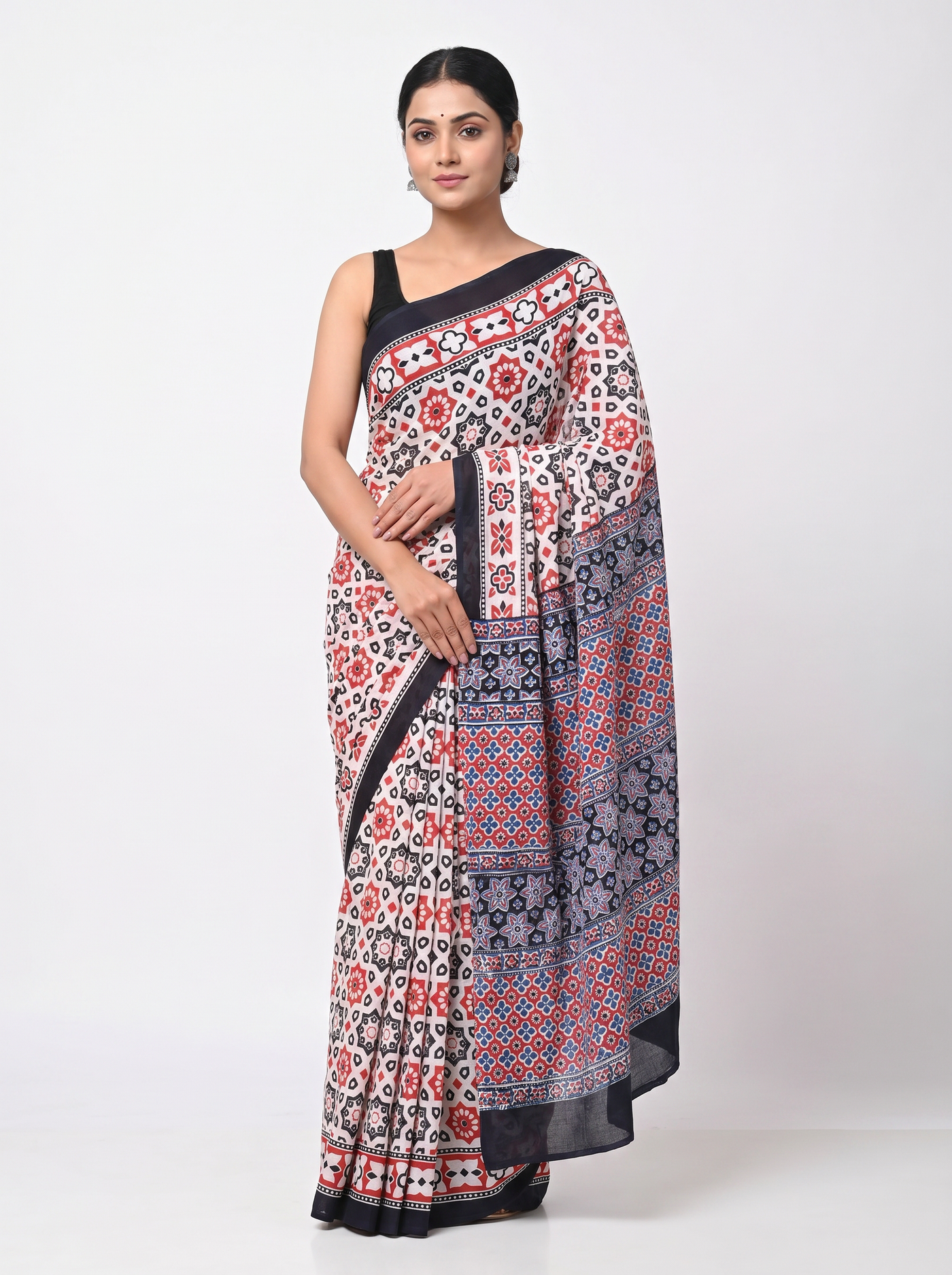 Deep Red + Teal Blue pure mulmul cotton saree with blouse