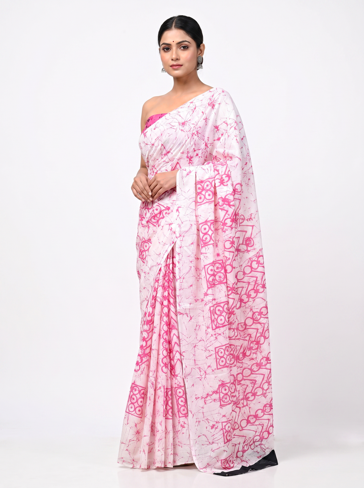 Deep Red + Dusty Pink + Beige pure mulmul cotton saree with blouse