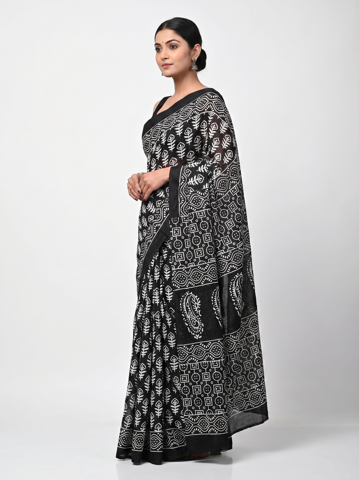 Pure Mulmul Cotton Saree | Charcoal Grey + Grey Handblock Print | Summer & Office Wear | With Blouse image 2