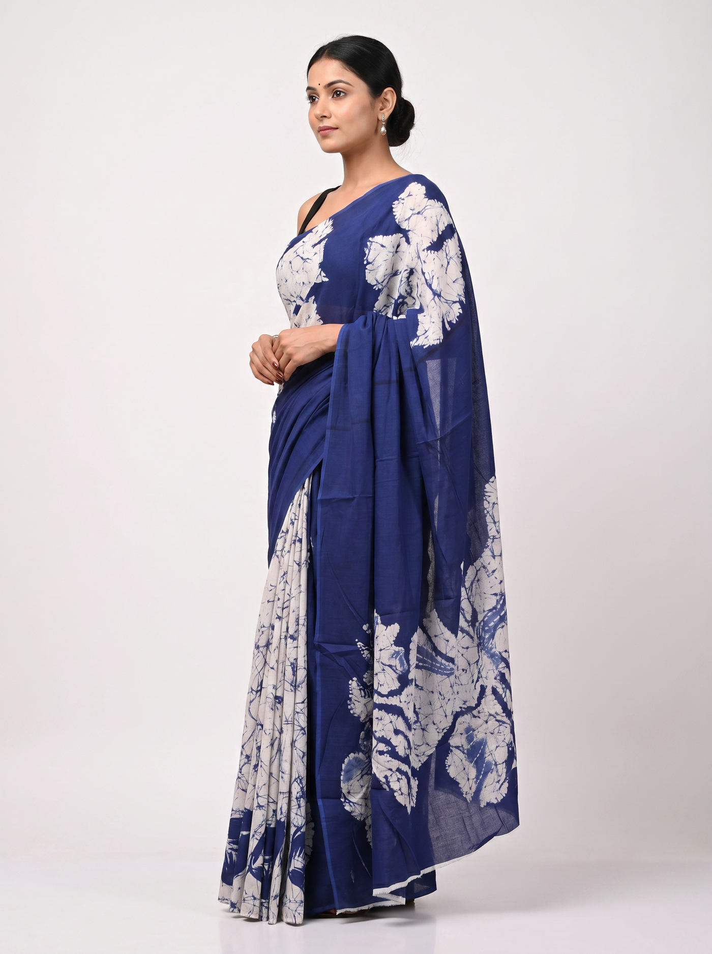 Pure Mulmul Cotton Saree | Ink Blue Handblock Print | Summer & Office Wear | With Blouse image 2