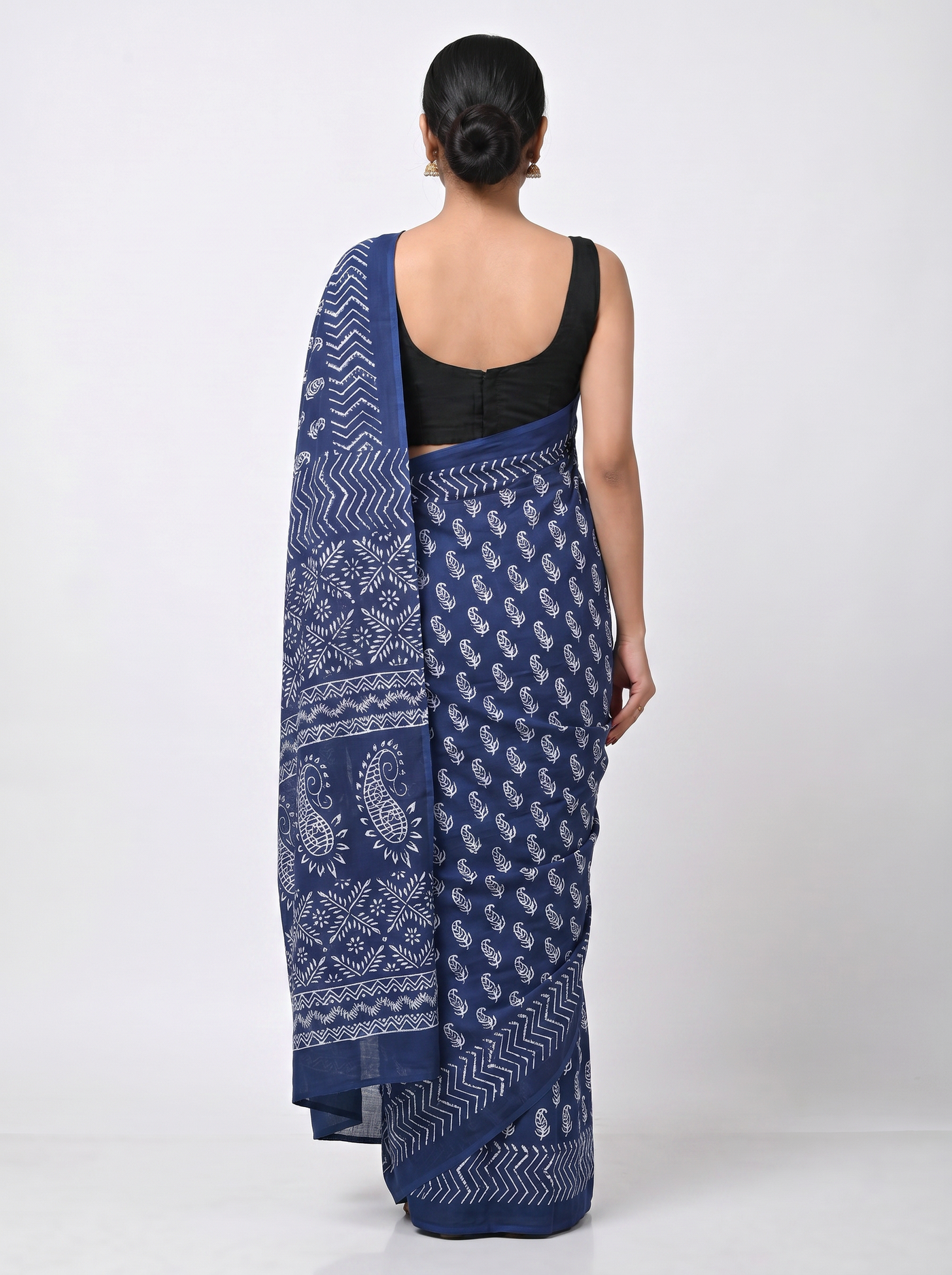 Pure Mulmul Cotton Saree | Ink Blue Handblock Print | Summer & Office Wear | With Blouse | Design 3 image 3