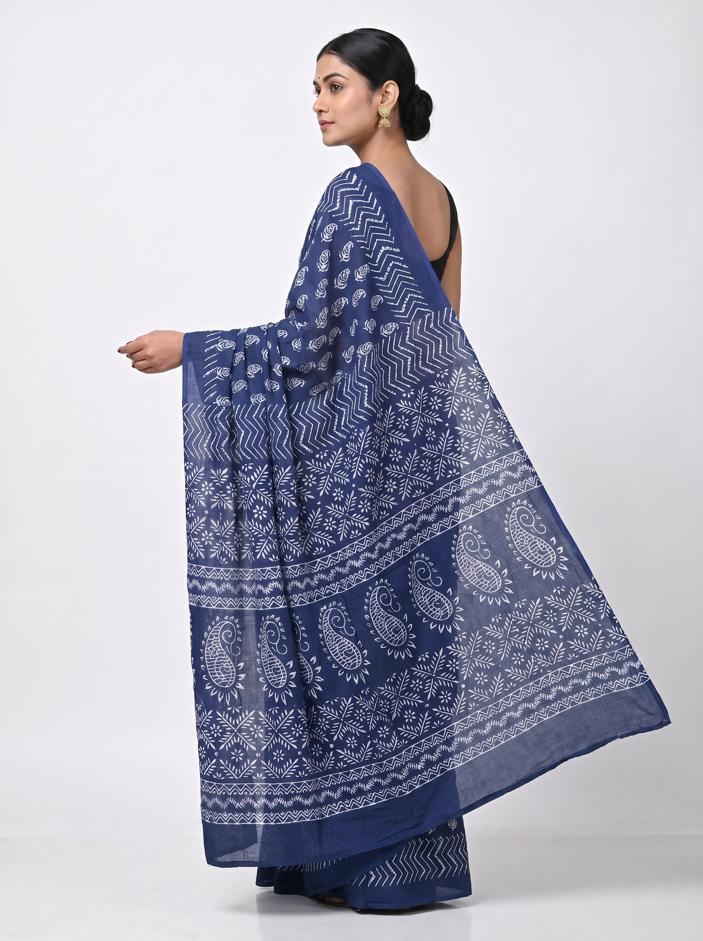 Pure Mulmul Cotton Saree | Ink Blue Handblock Print | Summer & Office Wear | With Blouse | Design 3 image 4