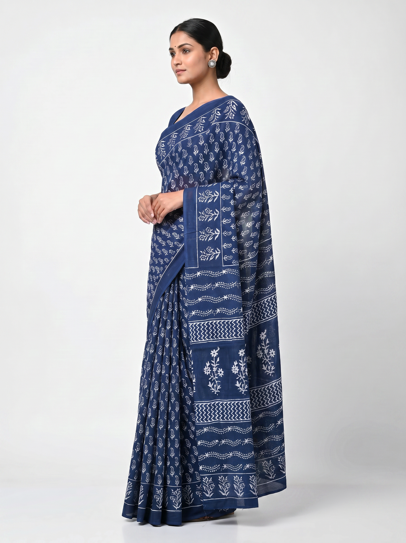 Pure Mulmul Cotton Saree | Ink Blue Handblock Print | Summer & Office Wear | With Blouse image 2