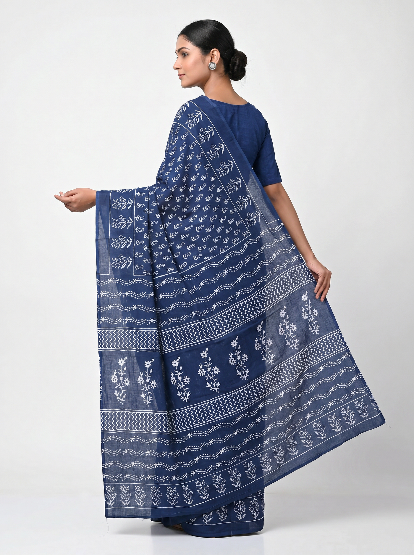 Pure Mulmul Cotton Saree | Ink Blue Handblock Print | Summer & Office Wear | With Blouse image 4