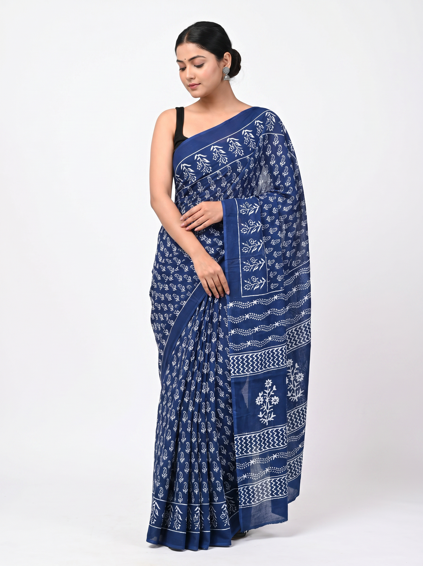 Pure Mulmul Cotton Saree | Ink Blue Handblock Print | Summer & Office Wear | With Blouse image 5
