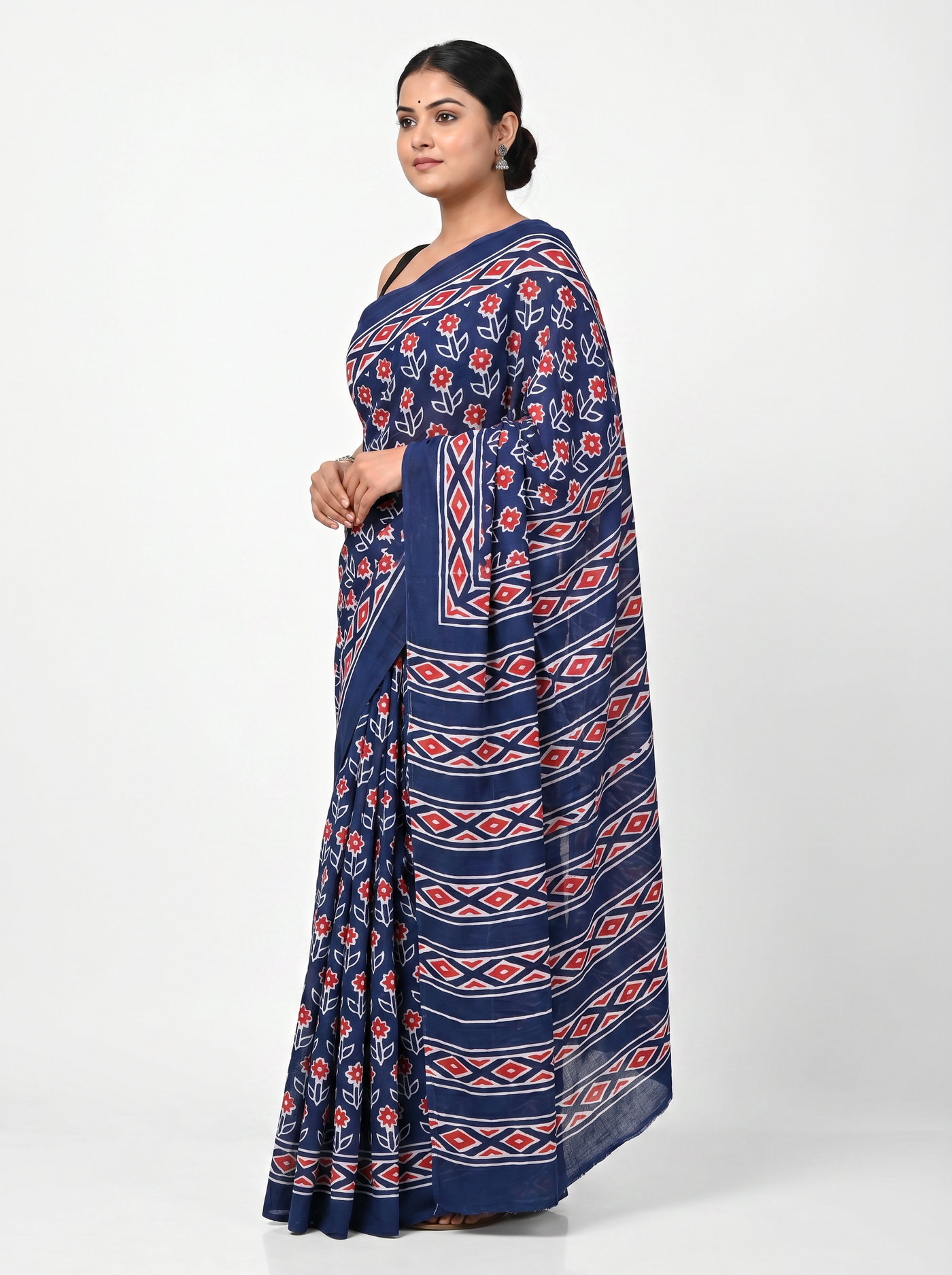 Pure Mulmul Cotton Saree | Deep Red + Ink Blue Handblock Print | Summer & Office Wear | With Blouse image 2